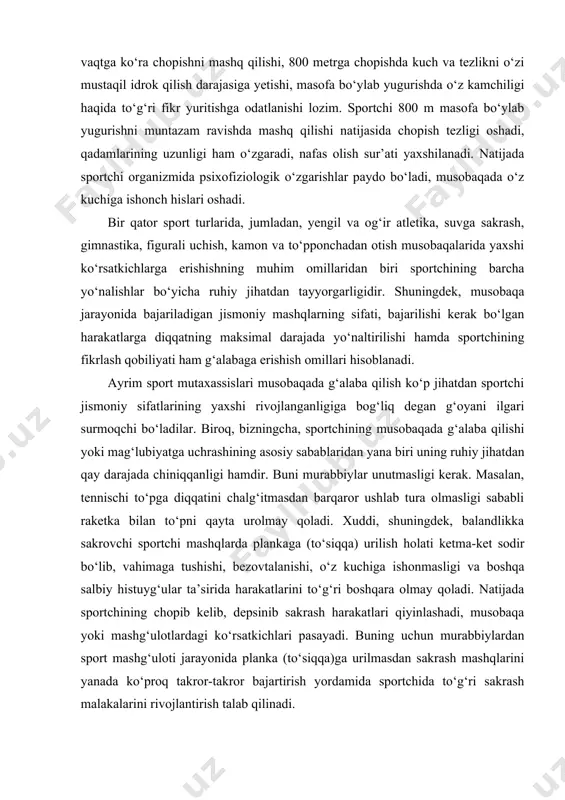 i ham g‘alabaga erishish omillari hisoblanadi. ayrim sport mutaxassislari musobaqada g‘alaba qilish ko‘p jihatdan sportchi jismoniy sifatlarining yaxshi rivojlanganligiga bog‘liq degan g‘oyani ilgari surmoqchi bo‘ladilar. biroq, bizningcha, sportchining musobaqada g‘alaba qilishi yoki mag‘lubiyatga uchrashining asosiy sabablaridan yana biri uning ruhiy jihatdan qay darajada chiniqqanligi hamdir. buni murabbiylar unutmasligi kerak. masalan, tennischi to‘pga diqqatini chalg‘itmasdan barqaror ushlab tura olmasligi sababli raketka bilan to‘pni qayta urolmay qoladi. xuddi, shuningdek, balandlikka sakrovchi sportchi mashqlarda plankaga (to‘siqqa) urilish holati ketma-ket sodir bo‘lib, vahimaga tushishi, bezovtalanishi, o‘z kuchiga ishonmasligi va boshqa salbiy histuyg‘ular ta’sirida harakatlarini to‘g‘ri boshqara olmay qoladi. natijada sportchining chopib kelib, depsinib sakrash harakatlari qiyinlashadi, musobaqa yoki mashg‘ulotlardagi ko‘rsatkichlari pasayadi. buning uchun murabbiylardan sport mashg‘uloti jarayonida planka (to‘siqqa)ga urilmasdan sakrash mashqlarini yanada ko‘proq takror-takror bajartirish yordamida sportchida to‘g‘ri sakrash malakalarini rivojlantirish talab qilinadi. barcha sport turlarida ruhiy tayyorgarlik bugungi kunning dolzarb muammolaridan biri bo‘lib qolmoqda. masalan, sportning qilichbozlik turida ikki xil ruhiy tayyorgarlikka …