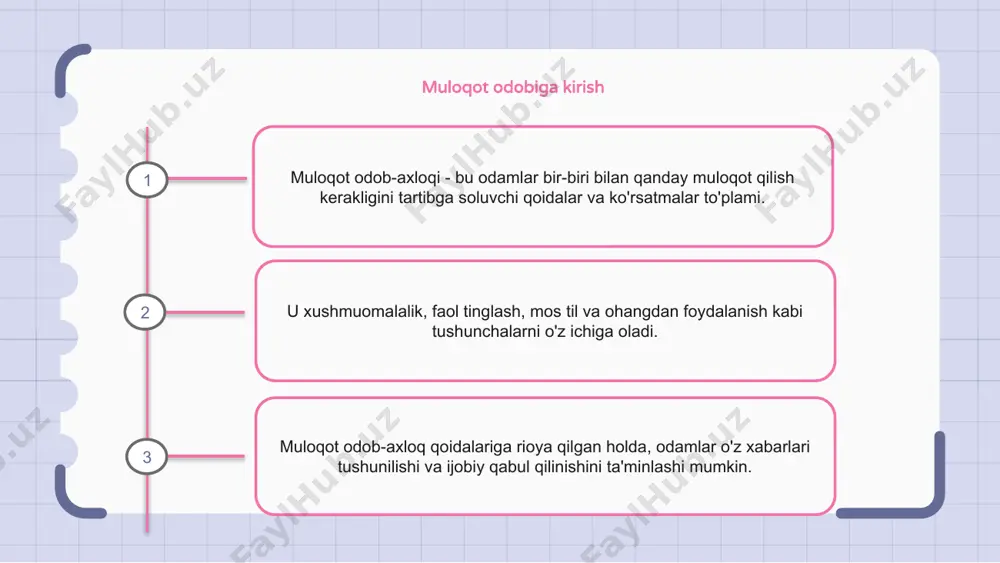 qanday qabul qilishiga ta'sir qilishi mumkin. yaxshi ko'z bilan aloqani saqlash og'zaki bo'lmagan muloqot odob-axloqining asosiy jihati hisoblanadi. bu sizning suhbatga qiziqqanligingizni va unga qiziqayotganingizni ko'rsatadi. ko'z bilan aloqa qilmaslik sizga e'tibor bermayotganingiz yoki qiziqmasligingiz kabi taassurot qoldirishi mumkin. og'zaki bo'lmagan muloqot odob-axloqining yana bir muhim jihati to'g'ri yuz ifodalaridan foydalanishdir. do'stona va qulay ekanligingizni ko'rsatish uchun mos bo'lganda tabassum qiling. qoshlarini burishtirish yoki boshqa salbiy yuz ifodalaridan saqlaning, chunki ular salbiy taassurot qoldirishi mumkin. elektron pochta orqali muloqot qilish qoidalari elektron pochta aloqasi odob-axloqi professional sharoitlarda hal qiluvchi ahamiyatga ega. aniqlikni ta'minlash uchun to'g'ri grammatika va tinish belgilaridan foydalanish muhimdir. bundan tashqari, hamkasblar va mijozlarga murojaat qilishda hurmatli va professional bo'lish muhimdir. elektron pochta xabarlarini jo'natayotganda, xabarni qisqa va diqqatli saqlash tavsiya etiladi. qabul qiluvchini chalg'itishi mumkin bo'lgan haddan tashqari emoji yoki qisqartmalardan foydalanmang. har qanday imlo yoki grammatik xatolarga yo'l qo'ymaslik uchun elektron pochtani yuborishdan oldin uni tuzatish …