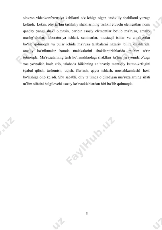 ya va boshqalarning qisqa yozma bayoni. konspekt reja, qisqa bayon qilingan asosiy nizom, fakt va misollardan iborat. - reja, ko’chirmalar va tezislarning birlashtirilishini nazarda tutadi; - bayonning ichki mantiqiga qurilgan; - asosiy xulosalar va qoidalar, faktlar, dalillar, usullarni o’z ichiga oladi; - tuzuvchining materialga nisbatan munosabatini aks ettiradi; - nafaqat tuzuvchi, shu bilan birga uning boshqa o’quvchisi tomonidan ham ishlatilishi mumkin. konspektda so’zlar ko’p bo’lishi, haddan ortiq ko’chirma olish, matnning mantiqiga putur yetkazib, uning uslubiy xususiyatini saqlab qolishga urinishdan o’zingizni tiying. oliy ta’limda ma’ruzalarni yuzaga kelish tarixi xiii–xiv asrlardan boshlab yevropada birinchi universitetlar tashkil etilganda, ma’ruzalar o‘qitishning asosiy bir shakli sifatida yuzaga keldi va u hozirgi kunga qadar oliy ta’lim tizimida o‘qitishning yetakchi shakli sifatida o‘quv jarayonida qo‘llanilmoqda. ma’ruza dastlab qadimgi gretsiyada yuzaga kelgan bo‘lib, keyinchalik o‘rta asrlarda qadimgi rimda rivojlandi. xix asr o‘rtalariga kelib, nazariy va texnikaviy bilimlarning rivojlanishi talabalarning mustaqil izlanishlari hamda faolligini oshirish maqsadida ma’ruzalarni amaliy mashg‘ulotlar …