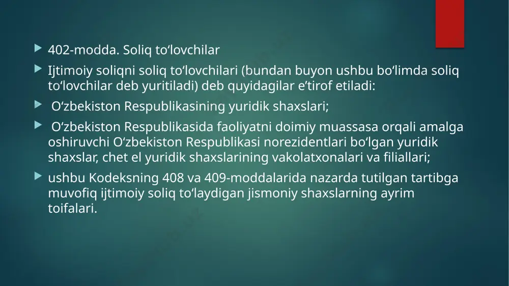 alarda ishlovchi nogironligi bo‘lgan shaxslar mehnatidan foydalanuvchi soliq to‘lovchilar 4,7 foiz soliq to‘lovchilarning ayrim toifalari uchun o‘zbekiston respublikasi prezidenti qarori bilan pasaytirilgan soliq stavkalari belgilanishi mumkin. ijtimoiy soliqning iqtisodiy mohiyati va soliq to’lovchi 406-modda. soliq davri. hisobot davri kalendar yil soliq davridir. yil oyi hisobot davridir. shavkat mirziyoyev 28-yanvar kuni “xizmatlar sohasini rivojlantirishga oid qo’shimcha chora-tadbirlar to’g’risida”gi qarorni imzoladi. hujjat matni o’zadae’lon qilindi. unga ko’ra, quyidagi sohalarda faoliyat yurituvchi tadbirkorlik sub’yektlari uchun 2022-yil 1-apreldan2025-yil 1-yanvarigacha ijtimoiy soliq stavkasi 1-foiz etib belgilandi: chakana savdo va umumiy ovqatlanish; mehmonxona (joylashtirish) xizmatlari; avtotransportda yo’lovchi va yuk tashish; transport vositalarini ta’mirlash va ularga texnik xizmat ko’rsatish; kompyuter xizmatlari; maishiy texnikani ta’minlash; agro va veterinariya xizmatlarini ko’rsatish ko’ngilochar maskanlarda xizmatlar ko’rsatish. bu imtiyozlar tadbirkorlik sub’ektlari tomonidan, agar ularning yuqoridagi faoliyat turlarini amalga oshirishdan olgan daromadlari joriy hisobot (soliq ) davri yakunlari bo’yicha jami daromadning kamida 60-foizini tashkil etsa qo’llaniladi. e’tiboringiz uchun raxmat image2.png image3.png image4.png …