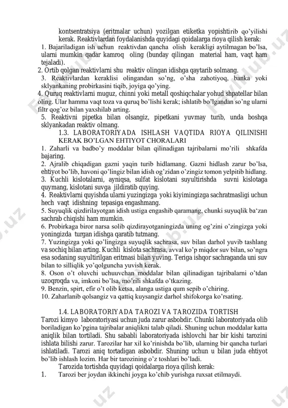 g’ich nasoslar va boshqalar kiradi. bu asboblar laboratoriyada doimiy saqlanadi. yakka holda foydalanish asboblariga: spirt lampasi, isitgichlar, probirkalar saqlanadigan shtativlar, chinni idishlar va boshqa idishlar kiradi. eritmalar va quruq reaktivlar jips berkitadigan shisha tiqin, rezina yoki yog’och probka bilan berkitiladigan shisha idishlarda (sklyankalarda, bankalarda) saqlanish kerak. reaktiv solingan har qaysi sklyanka yoki bankaga reaktivning nomi, sifat («texnik», «toza», «analiz uchun toza», «kimyoviy toza») va kontsentratsiya (eritmalar uchun) yozilgan etiketka yopishtirib qo’yilishi kerak. reaktivlardan foydalanishda quyidagi qoidalarga rioya qilish kerak: 1. bajariladigan ish uchun reaktivdan qancha olish kerakligi aytilmagan bo’lsa, ularni mumkin qadar kamroq oling (bunday qilingan material ham, vaqt ham tejaladi). 2. ortib qolgan reaktivlarni shu reaktiv olingan idishga qaytarib solmang. 3. reaktivlardan keraklisi olingandan so’ng, o’sha zahotiyoq, banka yoki sklyankaning probirkasini tiqib, joyiga qo’ying. 4. quruq reaktivlarni muguz, chinni yoki metall qoshiqchalar yohud shpatellar bilan oling. ular hamma vaqt toza va quruq bo’lishi kerak; ishlatib bo’lgandan so’ng ularni filtr …