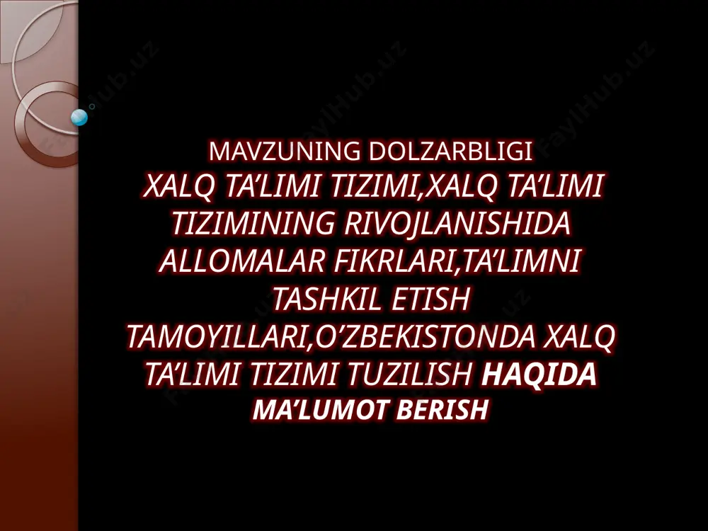 ta’lim negizida o’quvchilarni maxsus bilim yurtlarida mutaxassislikka tayyorlashda jiddiy yutuklarga erishildi. uzluksiz ta’lim tizimi barcha ta’lim boskichlarining istikbolli bo’lishiga, ta’limni demokratiyalashtirish va insonparvarlashtirishga, ta’limni mexnat tarbiyasi bilan bog’liq xolda olib borishga, o’quv fanlarni integratsiyalashtirishga yordam berdi. xalq ta’limi tizimi deb muayyan mamlakatning ichki va tashqi kamolotiga ta’sir ko’rsatuvchi hamda ma’lum qoidalar asosida tashkil etilgan barcha ta’lim tarbiya muassasalarining tuzilishiga aytiladi. o’zbekiston xalq ta’limi tizimi respublikamizni ijtimoiy- iqtisodiy va madaniy rivojlantirishning ustuvor sohasi hisoblanadi. xalq ta’limi tizimining rivojlanishida allomalar fikrlari. xalq donishmandlari, elimizning buyuk mutafakkirlari - farobiy va beruniy, ulug`bek va navoiy, zavqiy va furqat, hamza va avaz o`tar, a.qodiriy va a.avloniy faqat maorif va madaniyat orqali inson va davlatning kelajakda gullab yashnashini o`sha davrlarda ko`ra oldilar. ulug`bekning mashxur madrasasi peshtoqiga "ilm olish har bir erkak va ayol musulmon uchun ham qarz, ham farzdir" degan iboralar yozib qo`yilgan edi. xalq ta`limida muhim o`rin egallagan umumiy ta`lim maktablari respublikamiz hayoti bilan mustahkam …