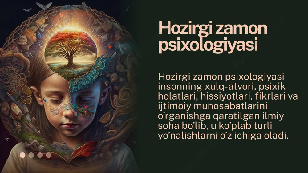 aoliyatda rivojlanish tamoyili. har qanday fanga o‘xshash psixologiya ham o‘zining tadqiqot metodlariga ega. psixologik tadqiqotda qo‘llaniladigan metodlarning barchasini to‘rt guruhga ajratish mumkin: 1) tashkiliy metodlar; 2) tajriba metodlari; 3) ma’lumotlarni qayta ishlab chiqish metodlari; 4) izohlash metodlari. hozirgi zamon psixologiyasining tadqiqot metodlari turli yo’nalishlarni o’z ichiga oladi. ular orasida quyidagilar eng keng tarqalgan: 1. eksperimental metod 2. korelatsion tadqiqot 3. longitudinal tadqiqot 4. kross-sektsiyaviy tadqiqot 5. kvalitativ metodlar 6. nevrologik va biologik metodlar 7. suratli va vizual metodlar 1. eksperimental metod: bu metodda tadqiqotchilar ma’lum shartlar ostida sub’ektlar ustida tajribalar o’tkazadilar. eksperimentda o’zgaruvchilarni boshqarish orqali sabab-oqibat munosabatlari aniqlanadi. misol uchun, psixologlar insonlarning xulq-atvorini manipulyatsiya qilgan holda, qanday omillar bunga ta’sir qilishini o’rganadilar. next slide 2. korelatsion tadqiqot: bu metodda ikki yoki undan ortiq o’zgaruvchilar o’rtasidagi bog’liqlik o’rganiladi. tadqiqotchilar o’zgaruvchilar o’rtasidagi munosabatlarni aniqlashga harakat qiladilar, lekin sabab va natija orasidagi aloqani aniqlashdan ko’ra, faqat bog’lanishlarni tahlil qiladilar. 3. longitudinal tadqiqot: bu …