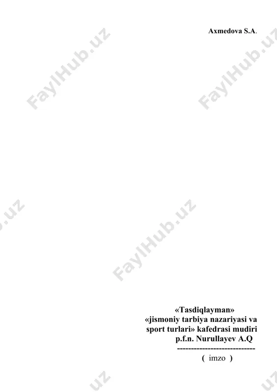 k bajarilishi kerak tizzalar bukmaslik va mashq to’liq bajarilishi zarur o’rtacha tezlikda bajarilishi kerak oyoqlarni yerdan kutarmasdan bajaramiz oyoqlarni birlashtirgan xolatda balandga ko’tarish asosiy qism. 40-45min. 1.talabalar teng 2ga bo’linadilar. 2.maydonning qarama-qarshi tomonlarida bir-birlariga qarab saflanadilar. 3.har bir jamoaning o’z nomi bo’ladi masalan “dinamo”, ”spartak” 4.jamoa sardorldri o’rtasida qura tashlanadi. 30min. 10min. 5min. yakunlov qismi 10 minut oxista yugurish qayta saflanish. 5 5 o’kuvchilarni ragbatlantirish,yutuq va kamchiliklarini kursatib o’tish,xayrlashish. axmedova s.a. «tasdiqlayman» «jismoniy tarbiya nazariyasi va sport turlari» kafedrasi mudiri p.f.n. nurullayev a.q ---------------------------- ( imzo ) dars konspekti № 3 mavzu: uzoqdagi nishonga otish o’yinlari. “uzoqroqqa otib vaqtdan yutish”. darsning maqsadi: 1. talabalarga milliy xarakatli o’yinlarni o’rgatish. 2. talabalarni vatanparvarlik,mexnatsevarlik ruxida tarbiyalash 3. dars jarayonida talabalarni sport maxoratlarini oshirib borish. o’tish joyi: sport maydoni kerakli jixozlar: bo’r,hushtak,bayroqchalar tuplar.. № darsning mazmuni vaqt umumiy metodik ko’rsatma tayyorlov qismi. 20-25min. saflanish,salomlashish, yuqlama qilish,mavzu bilan tanishtirish, turgan joyda burilishlar. sekin yurish. yugurish …