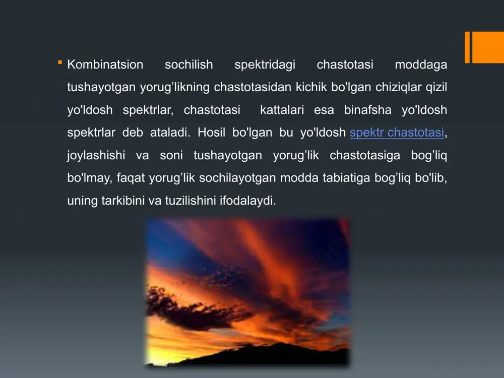 an kombinatsion tebranishlar hosil bo�ladi. boshqa so�z bilan aytganda sochilgan yorug�likning spektri shu molekula haqida axborot beradi. bu spektrni o�rganish va tahlil etish orqali molekula strukturasi va tuzilishini bilishga muvoffaq bo�lamiz. klassik elektrodinamika qonuniga binoan, chastotada tebranayotgan dipol intensivligi ga teng bo�lgan monoxromatik nur chiqaradi. ya�ni sochuvchi muhit molekulasining qutblanuvchanligi o�zgaruvchan bo�lsa u holda molekulaning dipol momenti ham vaqt bo�yicha o�zgaradi. umuman, molekula qutblanuvchanligi yadro tebranishini dipol tebranishlarida ishtirok etishi sababi bilan ham o�zgarib turishi kerak. elektronlar bilan yadroni o�zaro bog�langanligi sababli majburiy _chastotada tebranayotgan elektronlar yadroning ham tebranishini yuzaga keltiradi. biroq yadroning massasi elektronning massasiga nisbatan nihoyatda katta bo�lgani uchun yadroning tebranishi juda ham kuchsiz bo�ladi. bu esa molekulaning qutblanishini o�zgarishiga olib keladi. natijada sochilgan yorug�likni chastotasi o�zgaradi va siljish nokogerent bo�lib qoladi. image2.png image3.png image4.png image5.png image6.png image7.png image8.png image9.png image10.png image11.png image12.png image13.png image14.png image15.png image16.png image17.png image18.png image19.png