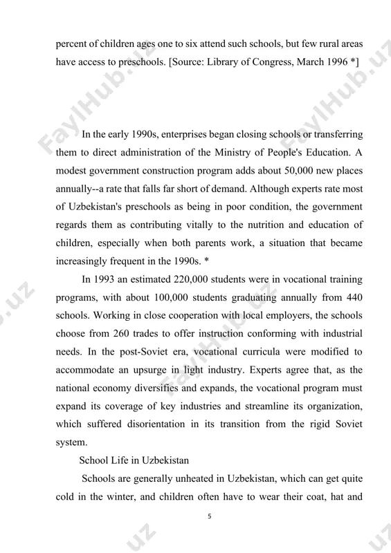 ut this is often also the case in japan and south korea). teachers are generally poorly paid. rural children have a hard time finding enough time to do their chores, go to school and finish their homework. commenting on her visit to uzbekistan in 1997, hillary clinton wrote in newsweek, "despite crumbling schools and rising tuition classrooms were filled with exceptionally bright young people." eleven years of primary and secondary education are obligatory, starting at age seven. this requirement includes four years of primary school and two cycles of secondary school, lasting five and two years, respectively. the rate of attendance in those grades is high, although the figure is significantly lower in rural areas than in urban centers. preschool registration has decreased significantly since 1991. [source: library of congress february 2007 **] in 1993, 86 percent of population ages six to sixteen in regular or vocational school. the 1993 …