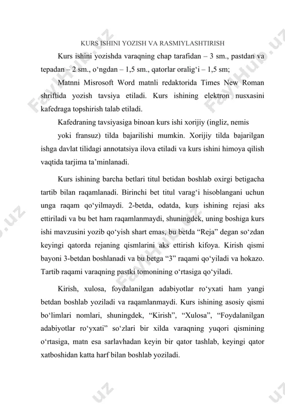 a bilan ajratiladi. raqamli materiallar jadval ko‘rinishida rasmiylashtirilishi lozim. har bir jadval sarlavhaga ega bo‘lishi kerak. sarlavha bosh harf bilan boshlanadi, sarlavahaning tagiga chizilmaydi, jadval nomining oxiriga nuqta qo‘yilmaydi. jadvalning sarlavhasi uning yuqorisiga, o‘rtaga yozilishi tavsiya etiladi. jadval ustunlarining sarlavhalari bosh harflar bilan, sarlavhachalar esa, agar ular sarlavhadagi gapning davomidan iborat bo‘lsa, kichik harflar bilan, agar ular mustaqil bo‘lsa, katta harflar bilan boshlanishi kerak. mavzular 1. tashkilot mahsulotlariga bo'lgan talabni tahlil qilish va prognozlash muammolarini hal qilish uchun tashkilot uchun ma'lumotlar bazasini loyihalash 2. ulgurji yoki chakana savdo tashkilotida, tovarlarni hisobga olishni avtomatlashtirishni tashkil etish bo‘yicha ma’lumotlar bazasini ishlab chiqish. 3. kutubxona fondlarining hisobini avtomatlashtirishni tashkil etish uchun ma’lumotlar bazasini yaratish 4. tashkilotning kadrlar hisobini avtomatlashtirishni tashkil etish bo'yicha ma'lumotlar bazasi yaratish 5. omonatchilar va bank omonatlarini hisobga olishni avtomatlashtirishni tashkil etish uchun ma’lumotlar bazasini loyihalash 6. tashkilot uchun avtotransport vositalarini ro‘yxatdan o‘tkazish bo‘yicha ma’lumotlar bazasini ishlab chiqish. 7. pochta …