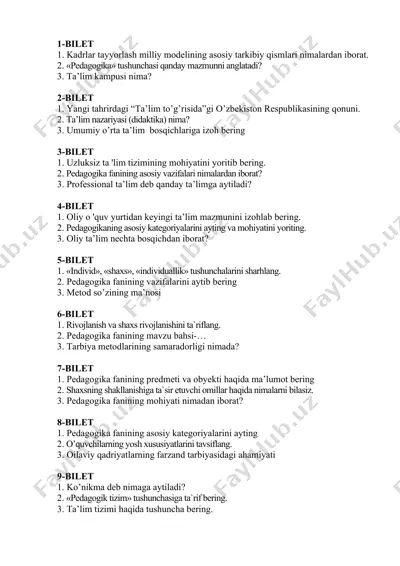 pedagogika fanining imtihon bilet savollari (1–20-bilet) — DOCX