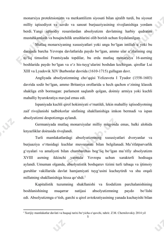 erkov tomonidan) bartaraf etilgach, yagona ma’naviy va milliy o‘ziga xoslik fransuzlarning keng ommasini taxt atrofida birlashtirganda qirol hokimiyati jamiyat va davlatdagi o‘z mavqeini sezilarli darajada mustahkamlay oldi. . keng jamoatchilik tomonidan qo‘llab-quvvatlangan va ortib borayotgan davlat hokimiyatiga tayangan qirol hokimiyati absolyutizmga o‘tish sharoitida uni tug‘dirgan jamiyatga nisbatan katta siyosiy salmoq va hatto nisbiy mustaqillikka erishdi. xvi asrda absolyutizmning shakllanishi. ilg‘or xarakterga ega edi, chunki qirol hokimiyati fransiyaning hududiy birlashuvining yakunlanishiga, yagona fransuz millatining shakllanishiga, sanoat va savdoning yanada jadal rivojlanishiga, ma’muriy boshqaruv tizimini ratsionalizatsiya qilishga yordam berdi. absolyutizmning tarixiy halokati ayniqsa xviii asr oʻrtalarida, feodal tuzumining chuqur inqirozi feodal davlatning barcha boʻgʻinlarining tanazzulga uchrashi va parchalanishiga olib kelgan paytda yaqqol koʻzga tashlandi. sud va maʼmuriy oʻzboshimchalik oʻzining chegarasiga yetdi. "xalq qabri" deb nomlangan qirollik saroyining o‘zi bema’ni isrofgarchilik va o‘yin-kulgining (cheksiz to‘plar, ovlar va boshqa o‘yin-kulgilar) ramziga aylandi. mutlaq monarxiya davridagi oliy siyosiy hokimiyat toʻliq qirolga oʻtadi va hech qanday …