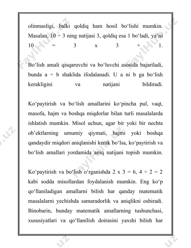 dam beradi. 3. **interaktiv va o‘yin shaklidagi dasturlar**: zamonaviy ta’lim jarayonida kompyuter dasturlari va mobil ilovalar o‘quvchilarga ko‘paytirish va bo‘lish amallarini boshqa qilib tushuntirishda qo‘l keladi. bunday dasturlar o‘quvchilarning qiziqishini oshiradi va ular samarali o‘rganishga yordam beradi. 4. **ko‘rgazmali materiallardan foydalanish**: fizik materiallar, masalan, lego kubiklari yoki turli hil bo‘laklar yordamida ko‘paytirish va bo‘lishni tushuntirish mumkin. bu usul o‘quvchilarda amaliy ko‘nikmalarning rivojlanishiga yordam beradi. 5. **quyosh chizig‘i uslubi**: ushbu usulda o‘quvchilar sonlarni juft-juft qilib qator qilib joylashtirish orqali ko‘paytirishni o‘rganadilar. masalan, 4 x 3 = 12 amali uchun 4 ta qator va har bir qatorida 3 tadan element bo‘ladi. 6. **qo‘l barmoqlari yordamida o‘rgatish**: ko‘plab o‘quvchilar qo‘l barmoqlaridan foydalanib, kichik sonlarni ko‘paytirishni o‘rganadilar. bu usul asosan 9 gacha sonlar uchun qo‘llaniladi. 7. **matematik hikoyalar va masallar**: hikoya yoki masal orqali matematik amallarni tushuntirish ko‘p hollarda o‘quvchilarning eslab qolish qobiliyatini oshiradi. ushbu yondashuv amallar mantig‘ini tushunishga yordam beradi. 8. **amaliy masalalar**: …