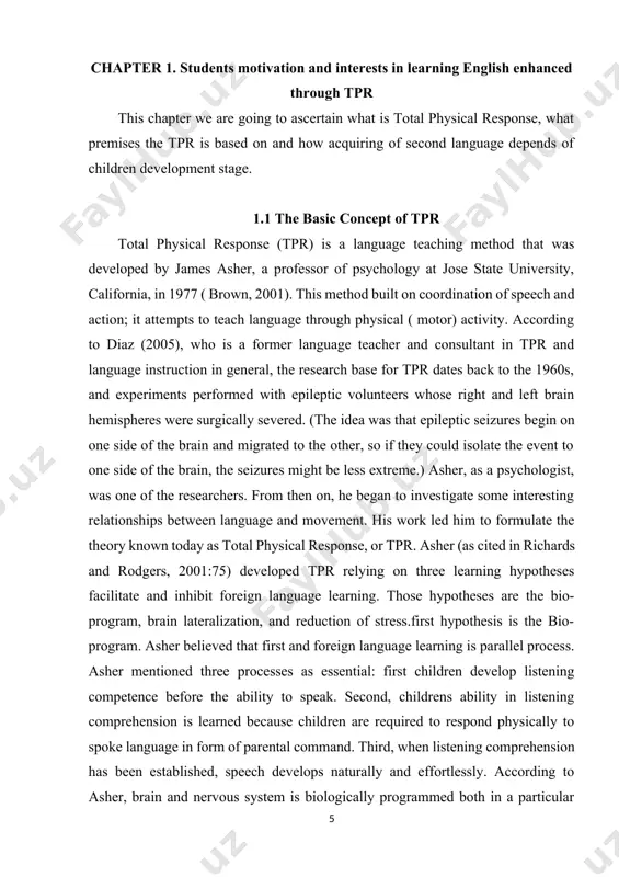 actions. in the other words, commands play as the core of the course.third hypothesis is reduction of stress. the fundamental factors for successful language learning is the absence of stress. if students are free from stressful situation, they are able to devote full energy for learning ( richard and rodgers, 2001)(2004) says that asher's language learning theories are reminiscent of the views of some behavioural psychologists. she agrees with asher and sais that his premise is based on chomskys theory of lad, which insists that humans are born with a special biological brain mechanism, called a language acquisition device (lad). this theory supposes that the ability to learn language is inborn, that nature is more important than nurture and that the human brain has a biological program for acquiring any language spoken. the process is visible when we observe how infants internalize their first language. in summary, total physical response …
