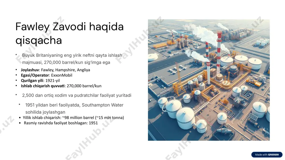 maradorligini oshirish qonuniy chora-tadbirlar: eu va uk atrof-muhit standartlariga rioya muntazam monitoring va hisobot berish chiqindilarni qayta ishlash ijtimoiy dasturlar: mahalliy hamjamiyat bilan hamkorlik atrof-muhitni monitoring qilish dasturlari ochiq ma'lumotlar va hisobotlar • co₂ tutib qolish (carbon capture and storage) loyihasi • yiliga 2.7 mln tonna co₂ ni tutib qolish imkoniyati • vodorod ishlab chiqarish zavodi qurilishi • chiqindilarni kamaytirish va suvni qayta ishlash • solent cluster loyihasi – yashil iqtisodiyotga o‘tish • mahalliy jamoa bilan hamkorlik va monitoring yechimlar va kelajak rejalar atrof-muhitga ta'sirning asosiy manbalari flaring (yong‘in chiroqlari) chiqindilar va karbon emissiyalari, iqlim o'zgarishiga hissa qo'shadi. suv va havo ifloslanishi neft mahsulotlari ishlab chiqarish jarayonida kimyoviy chiqindilar. shovqin va havoning changlanishi mahalliy aholi va yovvoyi tabiat uchun noqulayliklar tug'diradi. fawley zavodining faoliyati ushbu omillar orqali atrof-muhitga sezilarli ta'sir ko'rsatishi mumkin. 15 flaring: xavfsizlik va ekologiya o‘rtasidagi muvozanat fawley flaring tizimi favqulodda holatlarda xavfsizlik uchun zarur, ortiqcha bosimni nazorat …