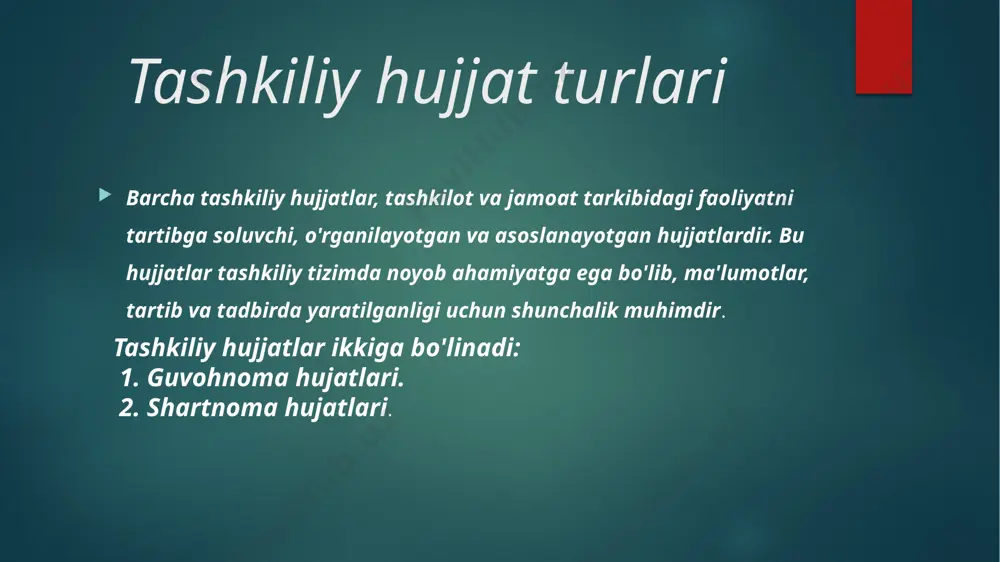 joylshish tartibiga ega. tashkiliy – farmoyish hujjatlari zaruriy qismlarning ayrim ro’yhati qo’ydagicha: 1. o’zbekiston respublikasi gerbi. 2. tashkilot yoki korxonaning rasmiy belgisi. 3. vukofot tasviri. 4. vazirlik yoki yuqori idoraning nomi 5. muasassa, tashkilot yoki korxonaning nomi . 6. tarkibiy tarmoqning nomi. 7. matn sarlavhasi. 8. sana 9. shartli raqam 10.tuzilgan yoki nash qilingan joyi. 11.matn va boshqalar. tashkiliy hujjatlar mazmunan tashkilot, muassasa va korxonalarning huquqiy maqomi, tarkibiy tarmoqlari xodimlari, boshqaruv jarayonida jamoa ishtirokining qayd qilinishi, boshqa tashkilotlar bilan aloqalarning huquqiy tomonlari kabi masalalarning aksettiradi. guvohnoma, yuriqnoma, nizom, qoida, ustav, shartnomalar ana shunday hujjatlar sirasiga kiradi. farmoyish hujjatlari asosan tashkilot rahbari (director)ning buyruq, ko’rsatma, farmoyishlari asosida yuzaga keladi. mazmun bayonining shakli jihatidan xususiy, namunaviy,qoliplihujjatlar farqlanadi. xususiy hujjatlar – tashkilotlarda matnning o‘ziga xosligi, betakrorligi, mazmun bayoni erkin bo‘ladigan hujjatlardir. bularga xizmat, so‘rov, iltimos, javob, kafolat, axborot xatlari va boshqalarkiradi. namunaviy hujjatlar – boshqaruvning muayyan bir vaziyatlari bilan bog‘liq, bir-biriga o‘ xshash …