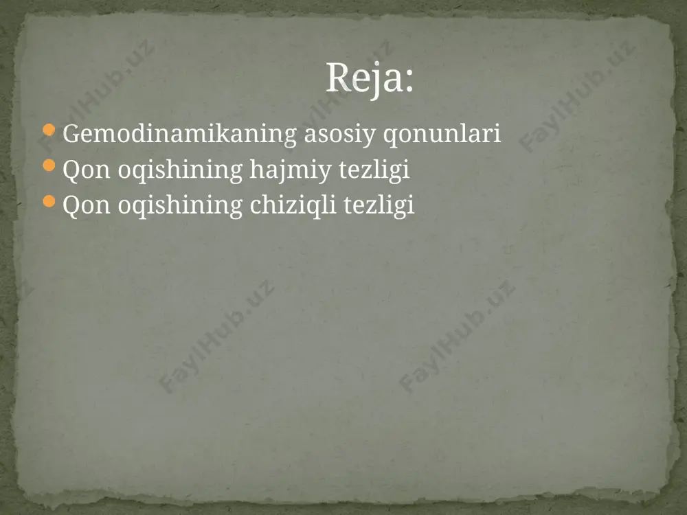 rlar diametri muskullarning qisqarishi hisobiga o’zgaruvchan. qonning qovushqokligi ham doimiy emas; masalan qon diametri 1 mm dan kichik tomirlardan o’tayotgan bo’lsa, uning qovushqoqligi ozayadi. chunki tomirdan qon o’tayotganda uning markazida shaklli elementlar joylashgan bo’ladi. tomirlar sistemasining deyarli barcha qismlarida qon oqimi laminar harakatga ega. tomirlarga parallel holda qon qavat-qavat bo’lib joylashib harakatlanadi. bunda tomir devorlariga yaqin joydagilari deyarli harakatlanmaydi, unga nisbatan, ikkinchi qavati unga nisbatan uchinchi qavati va x,k, shaklli elementlari markazda tezroq harakatlanadilar, plazma esa tomir devoriga yaqin harakatlanadi. qon oqish tezligi qon tomirlarida turlicha: aortada 40 sm/sek, arteriyalarda-40 dan 10 gacha, arteriolalarda 10 dan 0,1 gacha, kapilyarlarda 0,1 dan kam, venulalarda 0,3 dan kam, venada 0,3-5 kovak venul 5-20 sm/sek. tomirlarda laminar oqimdan tashqari yana turbulent (girdobli) oqim ham mavjud. turbulent oqim arteriyalarni toraygan joylarida, hamda o’tkir burilgan joylarida uchraydi. gemodinamikaning asosiy ko’rsatkichlari bo’lib: xajm tezligi qonni aylanib chiqish vaqti va tomirlarning har xil qismlarida bosimlar farqi hisoblanadi. …