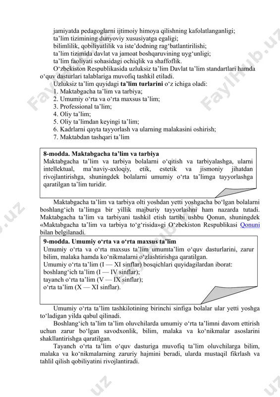 m va tarbiyani tashkil etish tartibi ushbu qonun, shuningdek «maktabgacha ta’lim va tarbiya to‘g‘risida»gi o‘zbekiston respublikasi qonuni bilan belgilanadi. umumiy o‘rta ta’lim tashkilotining birinchi sinfiga bolalar ular yetti yoshga to‘ladigan yilda qabul qilinadi. boshlang‘ich ta’lim ta’lim oluvchilarda umumiy o‘rta ta’limni davom ettirish uchun zarur bo‘lgan savodxonlik, bilim, malaka va ko‘nikmalar asoslarini shakllantirishga qaratilgan. tayanch o‘rta ta’lim o‘quv dasturiga muvofiq ta’lim oluvchilarga bilim, malaka va ko‘nikmalarning zaruriy hajmini beradi, ularda mustaqil fikrlash va tahlil qilish qobiliyatini rivojlantiradi. tayanch o‘rta ta’lim doirasida (vii sinfdan so‘ng) ta’lim oluvchilarda kasblar bo‘yicha birlamchi bilim va ko‘nikmalarni shakllantirish uchun ularni professional tashxislash va kasb-hunarga yo‘naltirish bo‘yicha choralar amalga oshiriladi. o‘rta ta’lim o‘quv dasturiga muvofiq ta’lim oluvchilar tomonidan zarur bilim, malaka va ko‘nikmalar o‘zlashtirilishini, shuningdek ta’limning keyingi turi tanlanishini hamda yuqori malaka talab qilinmaydigan kasblar egallanishini ta’minlaydi. professional tashxislash va kasb-hunarga yo‘naltirish, shuningdek ta’lim oluvchilarni yuqori malaka talab qilinmaydigan kasblarga tayyorlash tartibi qonun hujjatlarida belgilanadi. umumiy o‘rta …