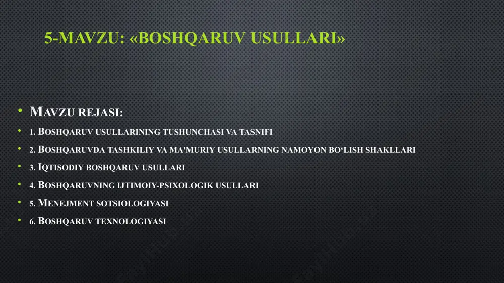 ish usuli “marketing” bo'limi tovarlar bozorida korxonaning mavqeyini diagnostika qilish; korxonaning bozorga chiqish imkoniyatlarini tahlil qilish; yangi mahsulot va yangi bozorlarga chiqish bo'yicha talab va ehtiyojlarni aniqlash; marketing konsepiyasini ishlab chiqish va h.k. funksional tizim osti obyektlarini boshqarish usuli “xodimlar” bolimi - ishchi kuchini rejalashtirish; - xodimlar mehnatini va ish haqini tashkil qilish; - xodimlar va ulaming martabalarini boshqarish; - xodimlarni boshqarish tizimini shakllantirish, tahlil qilish va boshqalar boshqaruv usullari boshqarish funksiyalarini bajarish nuqtai nazaridan •1.boshqaruvning iqtisodiy usullari. • 2. boshqaruvning tashkiliy farmoyish usuli. • 3. boshqaruvning ijtimoiy-psixologik usullari. boshqarishning tashkiliy-ma'muriy usullari ikki shaklda: tashkiliy ta'sir ko‘rsatish usullari farmoyish berish usullari shakllarida namoyon bo‘ladi tashkiliy-ma'muriy usullar - boshqarish usullari tizimida alohida o‘rin tutadi. bu usullarga: boshqarish apparatining muayyan strukturasini tuzish har bir boshqaruv bo‘g‘inining funksiyalarini belgilash kadrlarni to‘g‘ri tanlash buyruqlar, farmoyishlar va qo‘llanmalar chiqarish, ularning bajarilishini nazorat qilish topshiriqlar va direktiv ko‘rsatmalarni bajarmayotgan bo‘linma va shaxslarga nisbatan majburiy choralarni qo‘llash …