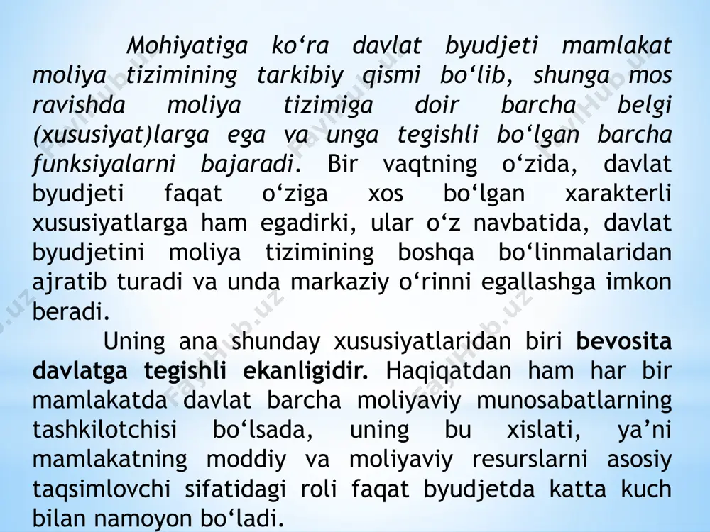 hirishdan manfaatdor bo‘lsa, bu narsa u yoki bu darajada to‘lovchilarning (yuridik va jismoniy shaxslarning) manfaatdorligini (qiziquvchanligini) pasaytiradi. shunday qilib, “byudjetga to‘lovlar” va “davlat byudjetining daromadlari” tushunchalari yuqorida ko‘rsatilgan umumiylikka ega bo‘lsalar-da, bir vaqtning o‘zida, ular o‘rtasida ob’yektiv farqlar ham mavjud. byudjetga to‘lovlar xo‘jalik yurituvchi sub’yektlar yoki to‘lovchilar moliyasining tarkibiy elementlaridan hisoblanadi va boshqa taqsimlash munosabatlari bilan o‘zaro organik bog‘liqlikda ko‘riladi; davlat byudjetida ular daromadlar shaklini oladi va byudjetning sub’yektlar (xo‘jaliklar) bilan byudjet munosabatlari keng sohalarining boshqa elementlari bilan o‘zaro bog‘liqlikda tahlil qilinadi. bu holda, taqsimlanayotgan milliy daromadning yagona qismi ikki xil iqtisodiy mazmun kasb etadi va moliya tizimining turli bo‘linmalarida turlicha ko‘rinishga ega bo‘ladi. ikkinchi bosqichda, yuqorida qayd etilganidek, hududiy va ma’lum maqsadlarga mo‘ljallangan ko‘p sonli fondlarning shakllanishi yuz beradi, ya’ni umumdavlat pul fondini bo‘lishning murakkab taqsimlanish jarayoni amalga oshiriladi. tashqi tomondan u barcha ijtimoiy bo‘linmalardan ajralgan ichki byudjet jarayonidek ko‘rinadi. haqiqatda esa bu taqsimlash ijtimoiy munosabatlarning barcha sohalarini qamrab …