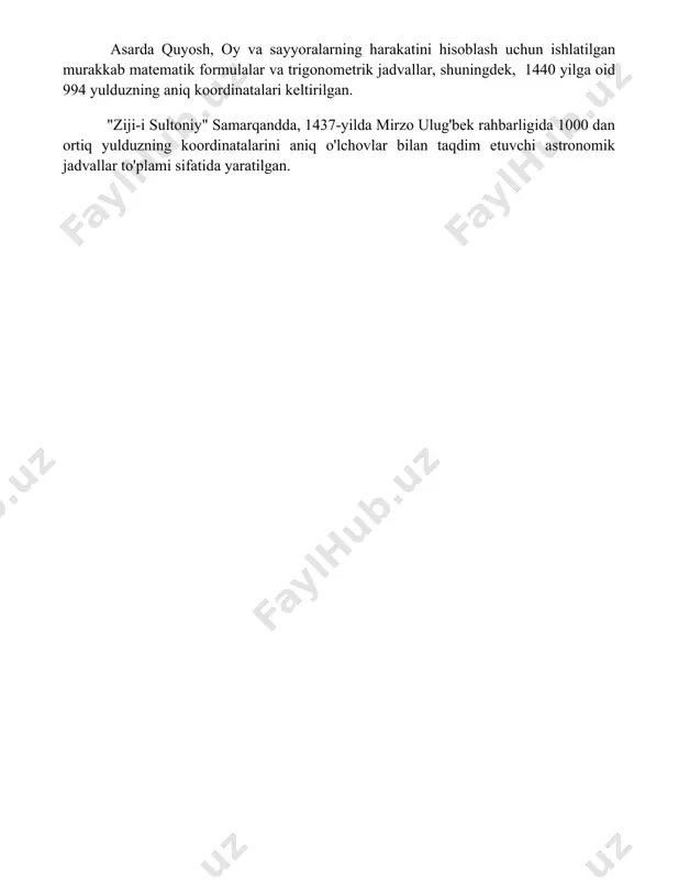 lgan adabiyotlar 1. "mirzo ulug'bek va uning samarqand madrasasi" (mirzo ulug'bek va uning samarqand madrasasi) 2. "ulug'bekning astronomik faoliyati" (ulug'bekning astronomik faoliyati) 3. "mirzo ulug'bek: davlatchilik va ilm-fan" (mirzo ulug'bek: davlatchilik va ilm-fan) 4