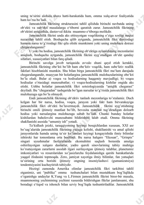 oatchilik fikrlari o’z ijtimoiy –siyosiy g’oyalari va nuqtai nazarlarini targ’ib tashviq etish ommalashtirish imkoniga shakllantirilishi mumkindir. angliyalik faylasuf dj.lokn jamoatchilik fikri ta‘sir doirasini toraytirib tushuntirishga urinadi. tabiiyki, bunday yondashuvlar jamoatchilik fikrining ahamiyati va ijtimoiy ta‘siri ko’lamlarini yetarli anglamaslikdan boshqa narsa emasdir. jamoatchilik fikriga adabiyot va san‘at va diniy muassasalar arboblari ham turlicha izoh va ta‘rif berishga harakat qilganlar, zero, aksariyat hollarda adabiyot, san‘at borasida iste‘dodli asarlar, muqim ijtimoiy-siyosiy voqealar, diniy qoida va qarashlar tevaragida ham kuchli jamoatchilik fikri shakllanishi, jamiyatda muayyan ijitimoiy rezonans tug’rdirishi tabiiydir. shunday qilib, jamoatchilik fikri ijtimoiy ongning axloq, siyosat, san‘at, din singari shakllardagi ma‘lum holati va ayni chog’da mazkur sohalarda uning nechog’li namoyon bo’lish mezoni hamdir. gegel o’zining “huquq falsafasi” asarida jamoatchilik fikri va mohiyati xususida mulohaza yuritib, unga “muvofiqlik” mezoniga ko’ra uyg’unlashuvga fikrlar jamuljamidan o’zga hodisa emas deb qaraydi. “kishilar – deb qayd etadi ulug’ faylasuf – ijtimoiy hodisalar xususida o’z mulohazalarini izhor etishlari hisobiga …