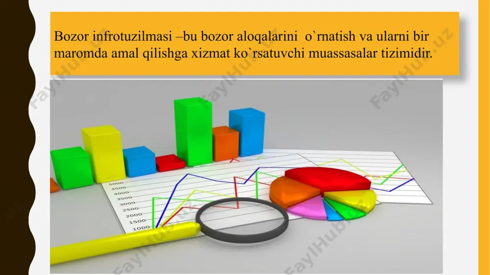osita iste`molchi qatnashmaydi savdo uyi-savdo muassasasining maxsus turi . savdo uyi o`z ichiga tashqi savdo kompaniyasi bilan bir qatorda ishlab chiqarish , bank , sug`urta ,transport, ulgurji chakana va boshqa turdagi firmalarni oluvchi keng tarmoqli savdo kompaniyasi.u ham iqtisoslashgan yoki universal bo`lishi mumkin. ixtisoslashgan savdo uyi ayrim tovarlar bilan (kiyim –kechak , oyoq kiyim , gazlama va h.k),universal savdo uyida har xil tovarlar bilan savdo qiladi .savdo uylari tarkibida savdo firmalari muhim o`rin tutadi . ular tijorat ishini yurituvchin va ixtisoslashgan kompaniyalardir. supermarket-bu xaridorning o`ziga o`zi xizmat ko`rsatishiga asoslangan keng tarmoqli savdo korxonasi. supermarket tovarlarning deyarli barcha turlari bilan , jumladanimport tvarlarbilansavdoqiladi.supermarketxaridorlarga bepul maslahat beradi , tovarlarni buyurtma bo`yicha xaridor uyiga yetkazadi, ularga madaniy –maishiy xizmat ko`rsatadi. 2. bozor infratuzilmasining maqsadi. -bu cheklangan to`lovga qobil talab sharoitida ,bozor ishtirokchilari mafaatlari muvozanatinita`minlash asosida foydasini maksimallashtirishdan iborat. bozor infratuzilmasining vazifalari sifatida quyidagiga muvofiq hisoblanadi: - bozor munosabatlari ishtirokehilari manfaatlarining amlga oshirilishini yengillashtirish; …