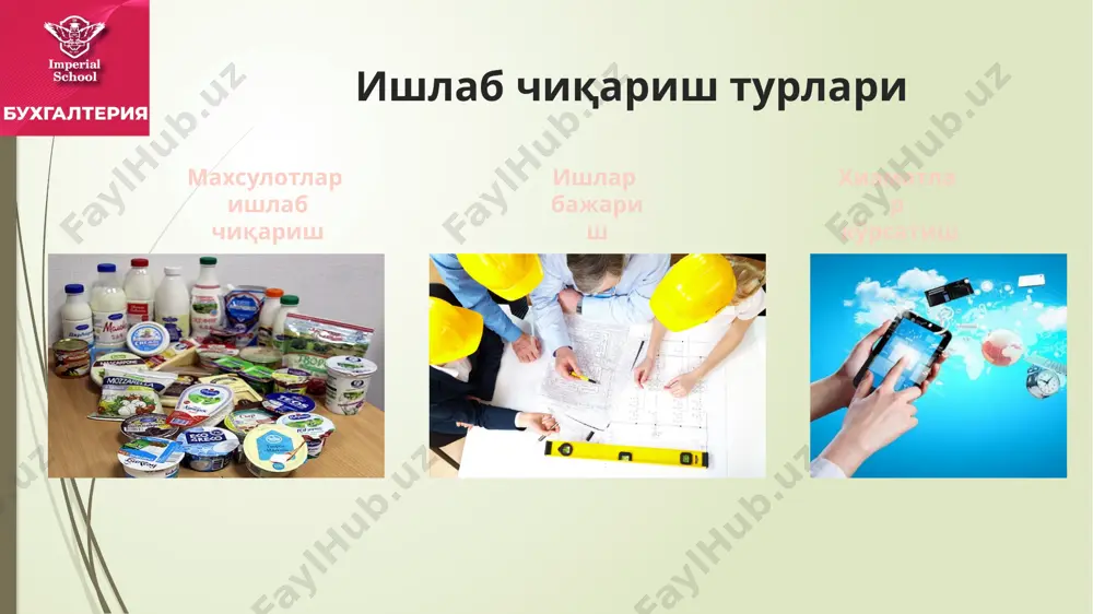 ркага ва ш.к.га қўйилган тайёр маҳсулотлар сотилса, у ҳолда 2810 "омбордаги тайёр маҳсулот" счётидаги каби бухгалтерия ёзувлари амалга оширилади. 2810 "омбордаги тайёр маҳсулотлар", 2820 "кўргазмадаги тайёр маҳсулотлар", 2830 "комиссияга берилган тайёр маҳсулотлар" счётлари бўйича аналитик ҳисоб жавобгар шахслар бўйича, турлари (сортлар, партиялар, киплар) бўйича ва тайёр маҳсулотни сақлаш жойлари бўйича юритилади. тайёр махсулотлар етказиб берилиши операция дебет кредит даромад тан олиниши 4010 9010 махсулот таннархи хисобдан чиқарилиши 9110 2810 тайёр махсулотларни инвентарлаш инвентарлашнинг асосий мақсадлари махсулотларнинг ҳақиқатда мавжудлигини аниқлаш, ҳақиқатда мавжуд мол-мулкни бухгалтерия ҳисоби маълумотлари билан қиёслаш, мажбуриятлар ҳисобда тўғри акс эттирилганлигини текшириш. ҳисобот йилидаги инвентарлашлар миқдори, уларни ўтказиш санаси, мол-мулк ва молиявий мажбуриятлар рўйхати хўжалик юритувчи субъект раҳбари томонидан белгиланади. кун шиори сиз доим яхши натижалар ишлаб чиқаришда муваффақият қозонасиз тони робинс эътиборингиз учун рахмат image2.png image3.jpeg image4.jpeg image5.jpeg image6.jpeg image7.jpeg image8.jpeg image9.jpeg image10.jpeg image11.jpeg image12.jpeg image13.jpg image14.jpeg image15.jpeg /docprops/thumbnail.jpeg