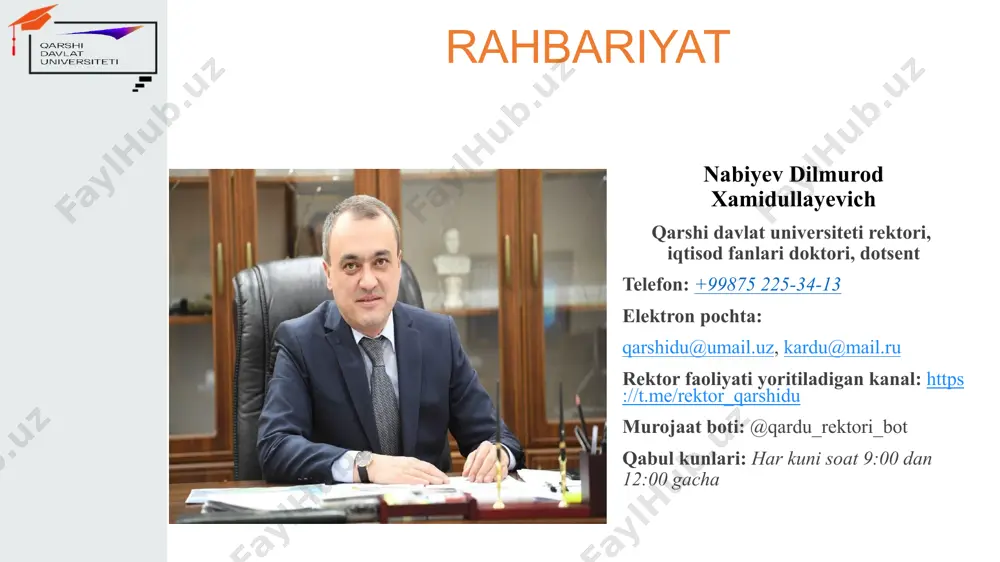 lari xurramov jasur quyliyevich jismoniy madaniyat fakulteti dekani qabul vaqti: dushanba, shanba kunlari 14°° dan 16°° gacha telefon: (998 90) 638-20-19 faoliyati yoritib boriladigan kanal: https://t.me/jismoniy_madaniyat_fakulteti_dek elektron manzili: jasur_xurramov@mail.ru fakultet dekanlari jumayev rashid normurotovich filologiya fakulteti dekani qabul vaqti: har kuni: 15.00-17.00 (dushanbadan tashqari) telefon: (+998 91) 470-96-95 e-mail: rashid62@umail.uz fakultet dekanlari rizayev baxtiyor xolliyevich xorijiy tillar fakulteti dekani qabul vaqti: har kuni: 15.00-17.00 (dushanbadan tashqari) ish telefoni: +998 91 4574541, mobil telefon: +998 91 4574541 faoliyati yoritib boriladigan kanal: https://t.me/xorijiy_tillar_fakulteti_dekani e-mail: baxtirizo_64@mail.ru fakultet dekanlari usmonov murtoz shodiyevich ijtimoiy fanlar fakulteti dekani qabul vaqti: har kuni: 15.00 -17.00 (dushanbadan tashqari) telefon: e-mail: eshov@umail.uz fakultet dekanlari yuldoshev ismoil abriyevich pedagogika fakulteti dekani qabul vaqti: har kuni 15.00-17.00 (dushanbadan tashqari) telefon: (+998 90) 187-76-52 e-mail: yuldoshevi1983@gmail.com markaz va bo’lim boshliqlari gulnoza uzoqova universitet xotin-qizlar kengashi raisi markaz va bo’lim boshliqlari qurbonov pahlavon rustamovich o‘quv-uslubiy boshqarma boshlig‘i telefon: (+99897) 222-65-01 elektron manzil: pahlavon82@mail.ru …