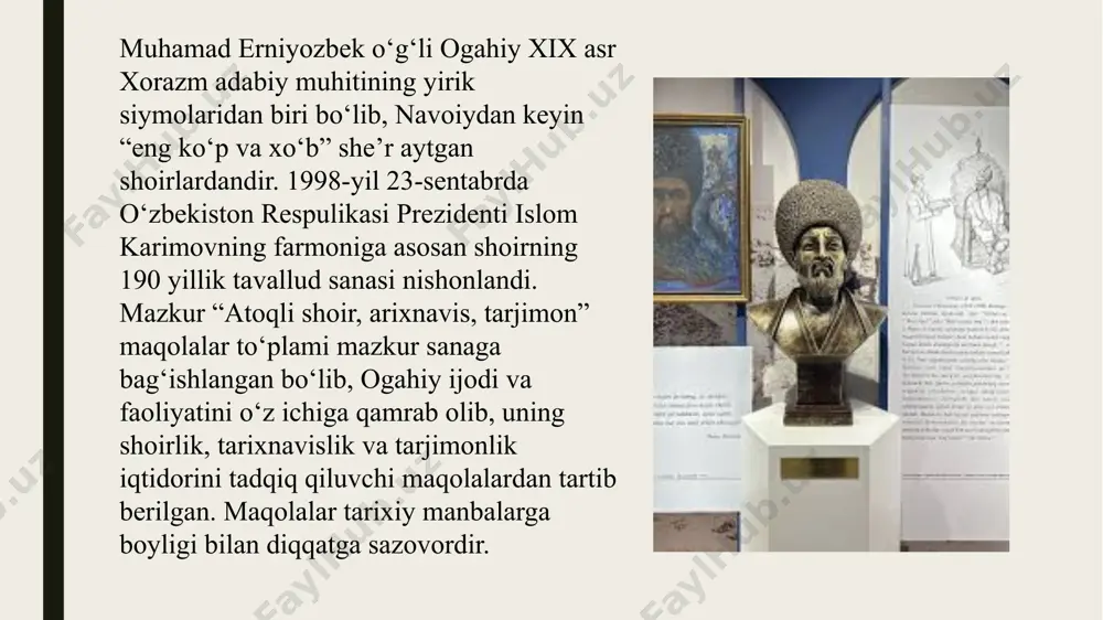 osiy xususiyatlardan biridir . matnazar abdulhakimning "ogohiy xazinasi - tuyg‘ular anjumani" maqolasida muhammad rizo ogahiy ijodi chuqur tahlil qilinadi. abdulhakim ogahiyning ikki tilda — turkiy va forsiyda ijod qilganini ta'kidlab, bu holatni alisher navoiy an'analarining davomchisi sifatida ko‘rsatadi. uning fikricha, ogahiy forsiy she’riyatida ham o‘ziga xos uslub va ohang yaratgan bo‘lib, bu bilan salaflari — navoiy, bedil va amiriy kabi shoirlar bilan musobaqalashgan. abdulhakim, shuningdek, ogahiyning forsiy she’riyatidagi originalligi haqida gapirar ekan, uning asarlarida ilohiylik va dunyoviylik mavzularining uyg‘unligini ta'kidlaydi. uning fikricha, ogahiyning "ash’ori forsiy" turkumidagi she’rlari ilohiylikka yaqinroq bo‘lib, bu holat shoirning ijtimoiy-siyosiy qarashlarini ham aks ettiradi. maqolada ogahiyning forsiy tildagi tarjimalari ham e’tirof etilib, bu tarjimalar orqali u o‘z xalqining forsiy adabiyotdan bahramand bo‘lishiga xizmat qilgani qayd etiladi. bu esa ogahiyning millatparvarlik faoliyatining yorqin namunasi sifatida baholanadi. matnazar abdulhakimning ushbu maqolasi ogahiy ijodining ko‘p qirraliligini ochib berib, uning adabiy merosini chuqurroq anglashga yordam beradi. mavzu: istiqlol davrida ogahiyshunoslik. …