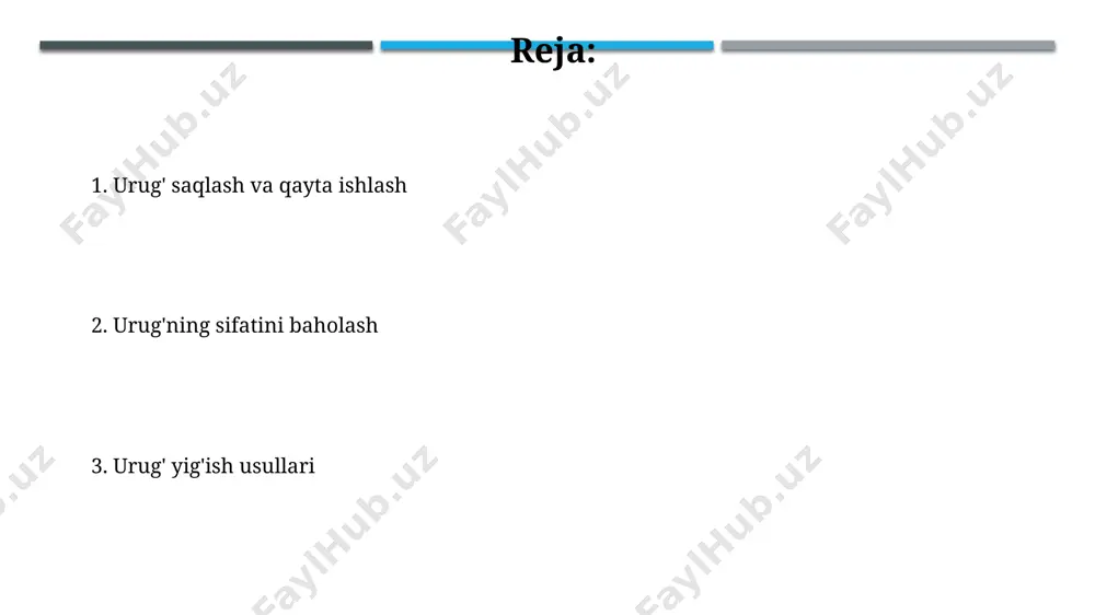 arayoni 5-10% namlikka yetguncha davom ettirilishi kerak, aks holda qo'ziqorin va zararkunandalar rivojlanishi mumkin. katta hajmli urug'larni quritish uchun elektr quritish uskunalaridan foydalanish samaradorligi 70% gacha yetishi mumkin, bu esa vaqtni sezilarli darajada tejaydi. urug' yig'ish vaqti urug' yig'im-terimining optimal vaqti, o'simlik turiga qarab, 30-45 kun oralig'ida farq qilishi mumkin, bu esa hosilning sifat ko'rsatkichlariga sezilarli ta'sir ko'rsatadi. taxminan 1000 dan ortiq urug' namunalarini yig'ish va ularning namlik miqdorini aniqlash, keyinchalik saqlash sharoitlarini to'g'ri tanlash uchun muhimdir. urug'ni etiketlash va qayd qilish urug'larni qayd qilish uchun maxsus jurnal yoki elektron jadvaldan foydalanish tavsiya etiladi. ushbu jurnal 5 ta asosiy ustunni – urug' nomi, miqdori (kg), yig'im-terim joyi, sanoat turi va saqlash shartlarini – o'z ichiga olishi kerak. urug'ni etiketlashda kamida 3 ta muhim parametrni – urug' nomi, yig'im-terim sanasi va kelib chiqish manzilini – ko'rsatish kerak. bundan tashqari, namlik miqdori va unib chiqish darajasi kabi qo'shimcha ma'lumotlarni yozib qo'yish tavsiya …