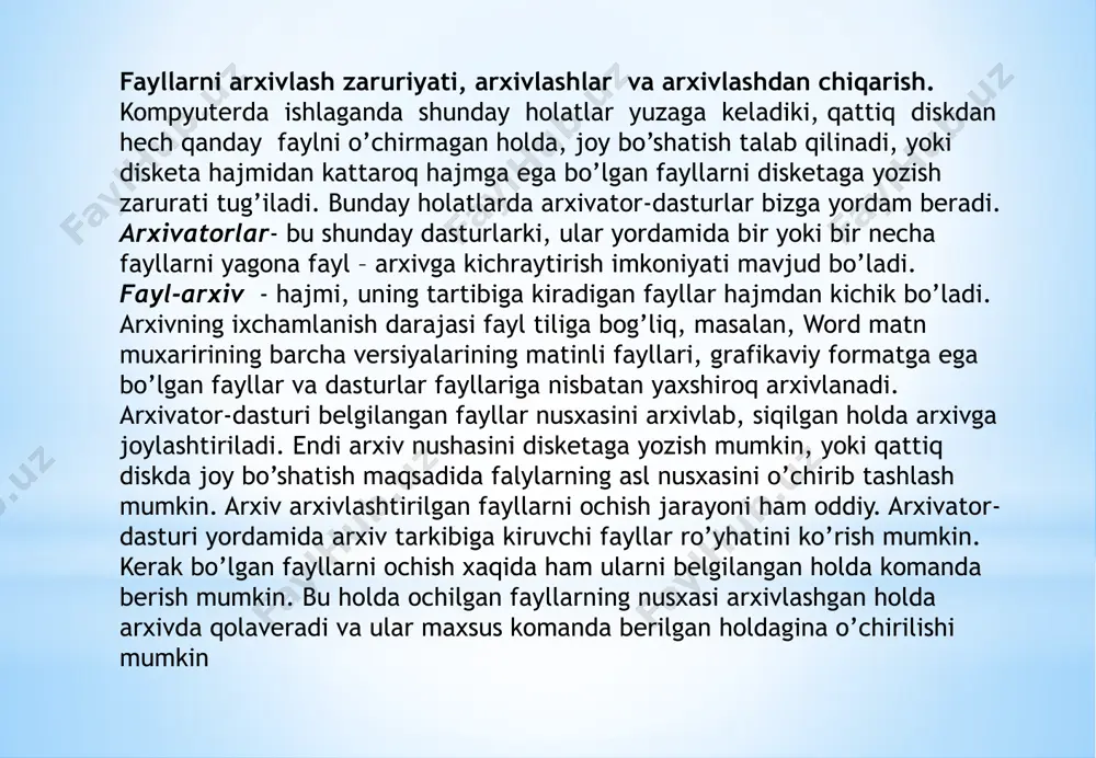 ip oynasi quyidagilardan iborat: oyna nomi va menyu. menyu oyna nomi ostida joylashgan satrida winzip dasturi buyruqlari joylashgan. menyu ostida uskunalar paneli joylashgan. bu panelda tez-tez bajariladigan buyruqlarni ifodalaydigan 8 ta yirik tugmalar joylashgan. таблица атрибутов файлов- bu arxivlashtirilgan fayllar xaqida turli axborotlar joylashgan bir necha ustunlardan iborat bo’lgan jadval: name - fayl nomi va bu faylni ochish mumkin bo’lgan dastur piktogrammasi; modified-faylning oxirgi marotaba o’zgartirish ish muddati; size- faylning arxivlashtirilgunga qadar bo’lgan baytlardagi xajmi; ratio- arxivlangan faylning birlamchi holatiga nisbatan foizi; packed- arxiv fayl kattaligi; path- arxiv faylning asl nusxasi joylashgan katalogga yo’l. oynaning pastki qismida «стрoки состояния» holat satri joylashgan. winzip arxivatori turli ko`rsatkichlarni sozlash uchun katta imkoniyatlarga ega. masalan: arxivlashda faylni ixchamlashning turli xil darajalarini o`rnatish mumkin. arxivning mumkin qadar kichik hajmda bo`lishi talab etilsa, fayllarni yuqori darajada ixchamlash o`rnatiladi. ammo bunda fayllarni arxivga qo`shish vaqti davomiyligi ortadi. shuning uchun arxivga juda katta miqdordagi fayllarni tеz joylashtirish …