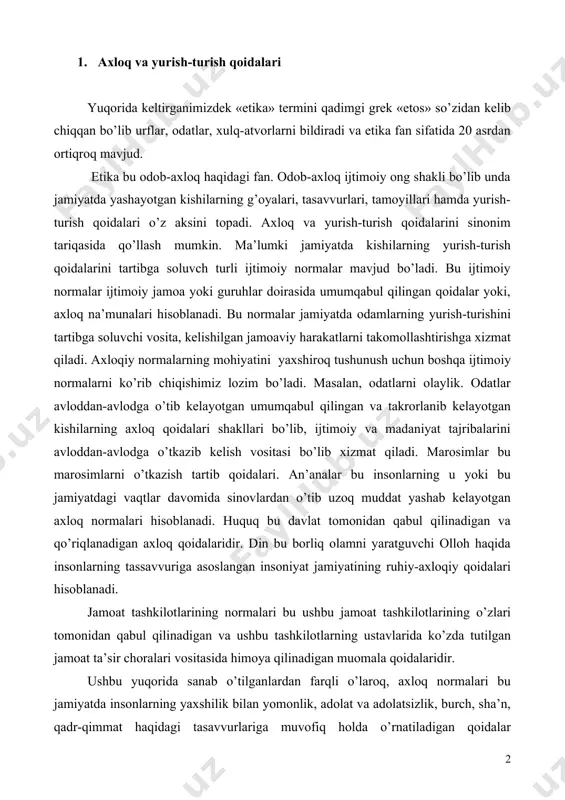 avlarida ko’zda tutilgan jamoat ta’sir choralari vositasida himoya qilinadigan muomala qoidalaridir. ushbu yuqorida sanab o’tilganlardan farqli o’laroq, axloq normalari bu jamiyatda insonlarning yaxshilik bilan yomonlik, adolat va adolatsizlik, burch, sha’n, qadr-qimmat haqidagi tasavvurlariga muvofiq holda o’rnatiladigan qoidalar hisoblanadi. bu normalar ba’zan huquq deb ataladi va xulq-atvor qoidalarini o’zida ifodalaydi va axloqiy nuqtayi nazardan olganda “yaxshi xulq-atvorlar”, “jinoiy xulq-atvorlar”, “xulq-atvorlarni tuzatish”lar deb baholanadi. odob-axloq normalari nohuquqiy tusdagi hujjatlarda mavjud bo’ladi. ularga turli xil kodekslar, qasamyodlar va boshqalar kiradi. bunga misol qilib 1979 yilning dekabrida bmt bosh assambleyasining 34-sessiyasi tomonidan qabul qilingan huquqiy tartibotni qo’llab-quvvatlash bo’yicha rahbar xodimlarning odob-axloqi kodeksini keltirish mumkin. ushbu kodeksda huquqni himoya qiluvchi organlarning, birinchi navbatda jinoyat ishi bo’yicha tergov olib borayotganlarning inson qadr-qimmatini hurmat qilish va himoyalashini, inson huquqini qo’llab-quvvatlash va himoya qilishini (2-m.), oxirgi zaruratlardagina va ularga yuklatilgan vazifalarni bajarishga talab qilinadigan darajadagina kuch ishlatishni (3-m.), o’z faoliyatini amalga oshirish davomida olingan maxfiy tusdagi ma’lumotlarni, agar …
