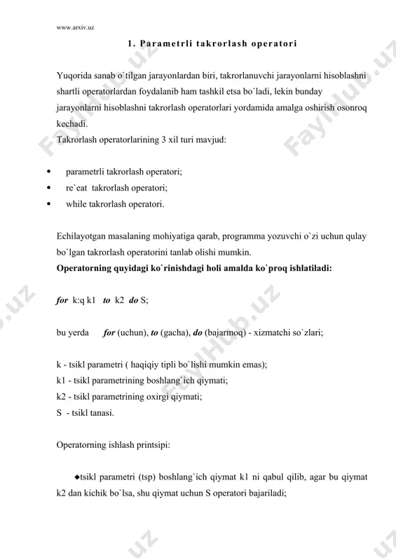 (s); end. ayrim paytlarda, tsikl parametrini o`sib borish emas, balki kamayish tartibida o`zgartirish mumkin, bu holda tsikl operatori quyidagi formada yoziladi: for k:= k2 downto k1 do s; bu yerda down to (gacha kamayib) – tilning xizmatchi so`zi. bu operatorda k parametri k2 dan toki k1 gacha kamayish tartibida (agar k - butun qiymatli o`zgaruvchi bo`lsa tsikl qadami - 1 ga teng) o`zgaradi. operatorning ishlash printsipi oldingi operatornikiday qolaveradi. misol: yuqorida ko`rsatilgan misolni programmasini qaytadan tuzaylik. bu holda programmadagi tsikl operatorigina o`zgaradi xolos: for i:= n downto 1 do qolgan operatorlar esa o`z o`rnida o`zgarmay qoladi. programmada parametrli takrorlash operatoridan foydalanish jarayonida, tsikl parametrining qiymatini tsikl tanasi ichida o`zgartirmaslik lozim, aks holda operatorning ish ritmi buzilishi mumkin. buni quyidagi misollarda ko`rish mukin: to`g`ri tuzilgan programma qismi noto`g`ri tuzilgan programma qismi for i:(1 to 10 do begin s:(i*i; writeln(s); end; for i:(1 to 10 do begin s:(i*i; writeln(s); i:(i(3 end; ma`lum …