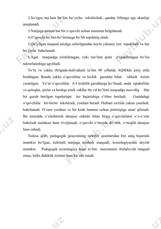 izomiy nomidagi tdpu. 2003 y. -174 b. 6.farberman b.l. ilg‘or pedagogik texnologiyalar. t.: 2001y. 7.ocilov m. yangi pedagogik texnologiyalar. “nasaf” nasriyoti. 1999. 8.sayidaxmedov n.yangi pedagogik texnologiyalar.-t.: “moliya”,2003.-171 b. 9.coriev a. yangi pedagogik texnologiyalar. ma‘ruzalar matni, qarsi 2000. asosiy tushunchalar. tarbiya. tarbiya maqsadi. kishi, shaxs modeli. shaxs. komil inson. umuminsoniy qadriyatlar. vatanparvarlik. tafakkur. ong. milliy mafkura. milliy g‘oya. tarbiya jarayonining ikki tomonlama xususiyati. tarbiya natijasi.