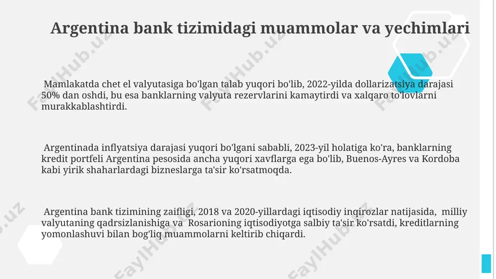 қсад қилган. argentinada 2023 йил якунларига кўра, 100 дан ортиқ банк ва кредит муассасаларининг миллий тўлов тизимига интеграцияси 95% дан ошди, бу буэнос-айрес шаҳридаги тўловлар тезлигини оширди. investitsiya banklari va kapital bozori argentina investitsiya banklari 2022 yilda 15 milliard aqsh dollaridan ortiq aktivlarni boshqargan, bu mamlakatning yalpi ichki mahsulotining 3% dan ko'prog'ini tashkil etadi. argentina markaziy bankining siyosati va inflyatsiya darajasi (2023 yilda 100% dan yuqori) mamlakatning investitsiya banklari va kapital bozoriga sezilarli ta'sir ko'rsatadi. buenos-ayres fond birjasi (bcba) argentina kapital bozorining asosiy markazi hisoblanadi va 200 dan ortiq kompaniyaning aktsiyalarini savdo qiladi. kommersiya banklari va ularning faoliyati buenos-ayresda joylashgan yirik kommersiya banklari, xalqaro standartlarga muvofiq, kredit reyting agentliklari tomonidan a yoki undan yuqori reytingga ega. argentina kommersiya banklari 2022 yilda 100 milliard aqsh dollaridan ortiq aktivlarni boshqargan va mamlakat yalpi ichki mahsulotining 50% dan ortig'ini moliyalashtirgan. argentina kommersiya banklari, kichik va o'rta biznes uchun kreditlash bo'yicha davlat dasturlarida faol …