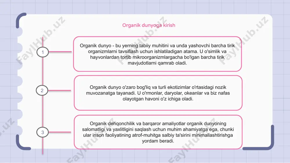 ganik dehqonchilik amaliyoti biologik xilma-xillikni, tuproq salomatligini rag'batlantiradi va atrof-muhitga ta'sirini kamaytiradi. organik oziq-ovqat mahsulotlarini iste'mol qilish foydalidir, chunki u yuqori darajadagi antioksidantlarni, muhim oziq moddalarni o'z ichiga oladi va genetik jihatdan o'zgartirilgan organizmlardan (gmo) tozalanadi. organik dunyoning kelajagi organik dunyo tez sur'atlar bilan o'sib bormoqda va uning kelajagi istiqbolli ko'rinadi. an'anaviy dehqonchilik usullarining zararli ta'siri to'g'risida xabardorlikning ortishi bilan ko'proq odamlar o'z sog'lig'i va atrof-muhitni muhofaza qilish uchun organik usullarni qo'llamoqda. organik qishloq xo'jaligi tabiiy o'g'itlar va zararkunandalarga qarshi kurash usullaridan foydalangan holda oziq-ovqat ishlab chiqarish uchun barqaror echimlarni taklif qiladi. bu nafaqat biz iste'mol qiladigan oziq-ovqat sifati va xavfsizligini ta'minlaydi, balki sayyoramizning biologik xilma-xilligini ham saqlaydi. kelajakda biz global miqyosda organik dehqonchilikka o'tishni kutishimiz mumkin. bu sintetik kimyoviy moddalardan foydalanishni kamaytirishga, tuproq salomatligi va suvni tejashga yordam beradi va barqaror amaliyotga sodiq fermerlarning turmush tarzini qo'llab-quvvatlaydi. e'tiboringiz uchun rahmat