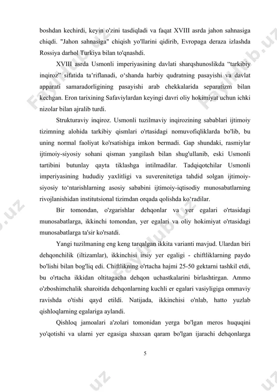 jada, ikkinchisi o'nlab, hatto yuzlab qishloqlarning egalariga aylandi. qishloq jamoalari a'zolari tomonidan yerga bo'lgan meros huquqini yo'qotishi va ularni yer egasiga shaxsan qaram bo'lgan ijarachi dehqonlarga aylantirishi bilan fermerlarning huquqiy va ijtimoiy mavqei pasayib ketdi: ular rayaning bir qismi sifatida qabul qilinishini to'xtatdi. viloyatlarda chiftlik egalari va soliq dehqonlaridan tashkil topgan yangi elita, ayonlarning mavqelari mustahkamlandi. gap shundaki, chiftlik va fermer xo‘jaliklarining ko‘payishi avvallari sulton xazinasiga tushgan ulush hisobiga ayonlar tomonidan o‘zlashtirilgan ortiqcha mahsulot ulushining ko‘payishiga olib keldi. xviii asr boshlarida ayanlar bilan hisoblangan ulush hajmi. barcha to'lovlarning 80% bo'lishi kerak edi. gap shundaki, rus diplomatlarining fikricha, imperiyaning umumiy daromadi 250-300 million kurush boʻlgan sulton xazinasi faqat 45-60 million (20%) hisoblanishi mumkin edi. taqqoslash uchun, xvi asrning birinchi yarmida. xazina umumiy daromadlarning taxminan 50% ni nazorat qildi va xvii asrning ikkinchi yarmida. - 25%. davlat daromadlarining pasayish jarayoni davom etdi: xix asr boshlarida. 20% o'rniga sublime porte barcha to'lovlarning 12,5% …