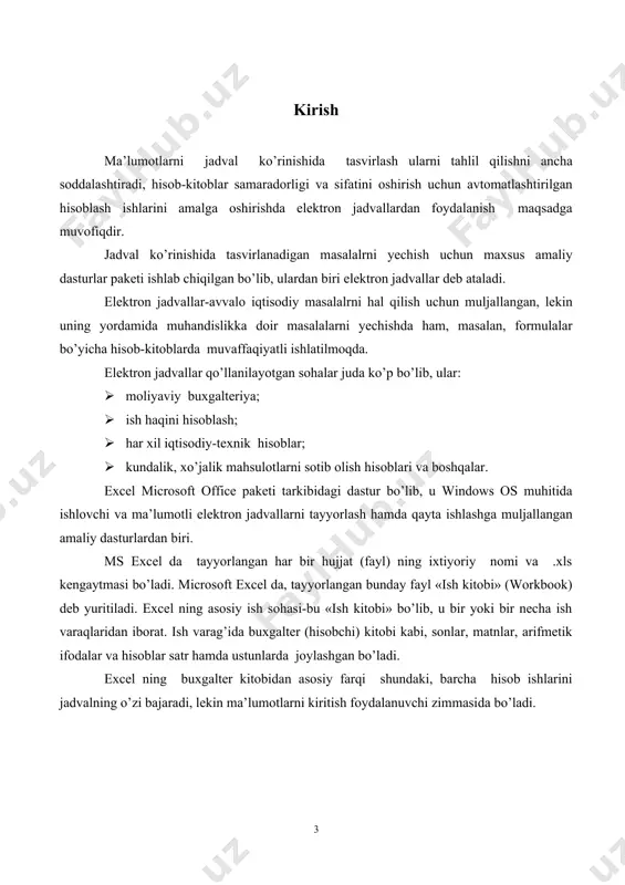 h imkonini beribgina qolmasdan, balki qilgan ishingiz natijasini bezash, ko'rgazmaliroq ko'rsatish va chop etish imkoniyatini beradi. bunda siz winword dasturidagi tahrirlash vositalaridan foydalanishingiz mumkin. dastlab excelning ommaviy imkoniyatlarini o'zlashtirish qiyin emas, ammo dasturning murakkabligi va imkoniyatlarining juda kengligi sababli ular bilan tanishish uzoq davom etishi mumkin, binobarin, aynan ish jarayonida uning yangi-yangi imkoniyatlarini ko'rish mumkin. elektron jadvallar hayotning har xil sohasida uchraydigan, hisob va iqtisodiy masalalarni echishda, jumladan, oldindan tayyor bo’lgan ma’lumotlarni tezkor ravishda qayta ishlab chiqishda yoki sonli xisobotlar bilan ishlash kabi keng ko’llamli masalalarni echishda qo’llaniladigan o’ta qulay vosita hisoblanadi. excel dastursini ishga tushirish va unda ishlash excel microsoft office paketi tarkibidagi dastur bo’lib, u windows operasion tizimi boshqaruvida ma’lumotli elektron jadvallarni tayyorlash va qayta ishlashga mo’ljallangan. excel da tayyorlangan xar bir xujjat (ma’lumotli jadval) ixtiyoriy nom va .xls kengaytmadan iborat fayl bo’ladi. excel da odatda bunday fayl “ish kitobi” (rabochaya kniga)(workbook) deb yuritiladi. microsoft excel ning asosiy …