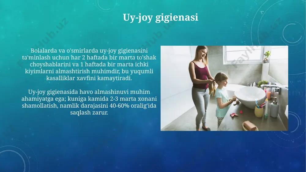 tanlash, kuniga kamida bir marta choyshablarni almashtirish va shaxsiy gigiena vositalaridan muntazam foydalanish juda muhimdir. sog'lom ovqatlanish va suv rejimiga rioya qilish, kuniga kamida 8 stakan suv ichish organizmni toksinlardan tozalashga va immunitet tizimini mustahkamlashga yordam beradi. ruhiy salomatlik va gigiena stressni boshqarish texnikalari, masalan, meditatsiya yoki sport bilan shug'ullanish, bolalar va o'smirlarda 30% ga yaqin ruhiy tushkunlik holatlarini oldini olishga yordam beradi. bolalar va o'smirlarda ruhiy salomatlikni saqlashda kamida 8 soatlik uyqu muhim ahamiyatga ega bo'lib, bu miya faoliyatini va kayfiyatni yaxshilashga yordam beradi. e'tiboringiz uchun rahmat @taqdimot_robot image3.png image4.jpg image5.jpg image6.jpg image7.jpg image8.jpg image9.jpg image10.jpg image11.jpg image12.jpg image13.jpg image14.jpg image15.jpg image16.jpg image17.jpg image18.jpg image19.jpg image20.jpg