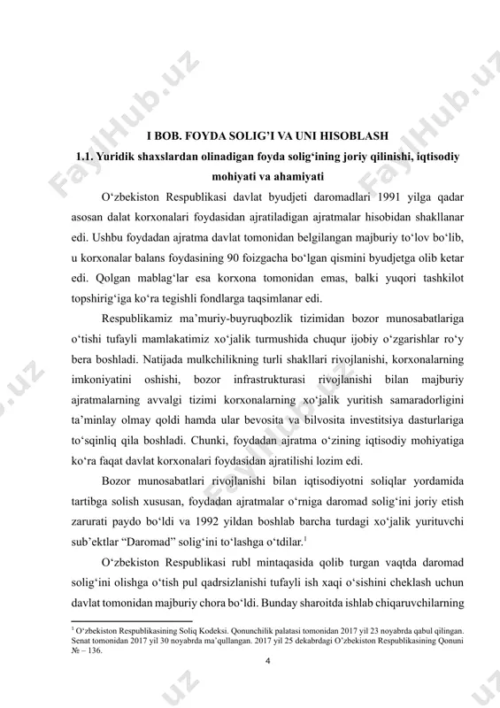 il 23 noyabrda qabul qilingan. senat tomonidan 2017 yil 30 noyabrda ma’qullangan. 2017 yil 25 dekabrdagi o’zbekiston respublikasining qonuni № – 136.] o‘zbekiston respublikasi rubl mintaqasida qolib turgan vaqtda daromad solig‘ini olishga o‘tish pul qadrsizlanishi tufayli ish xaqi o‘sishini cheklash uchun davlat tomonidan majburiy chora bo‘ldi. bunday sharoitda ishlab chiqaruvchilarning moliyaviy ahvoli yomonlasha boshladi. natijada mahsulotga talab pasayib, sotishdan olingan tushum xajmi kamaygani holda, ular o‘z ishlab chiqarishlari yo‘nalishini o‘zgartirishga, foyda olmasalar ham juda kata miqdorda ishchilarga ish xaqi to‘lashga majbur bo‘ldilar. bunday holatda amaliyotda korxonalar hisobot davrida foyda bilan faoliyatlarini yakunlamasada daromad solig‘ini ish xaqi fondidan belgilangan stavkada to‘lashga majbur edilar. 1995 yil yanvar oyidan boshlab soliqlarning rag‘batlantiruvchi rolini kuchaytirish maqsadida mamlakatimizda korxonalarning foydasidan olinadigan soliq joriy etildi. 2009 yil 1 yanvardan kuchga kirgan soliq kodeksining 23-moddasiga ko‘ra yuridik shaxslardan olinadigan foyda solig‘i umumdavlat soliqlari tarkibiga kirib, u davlat byudjeti daromadlarini shakllantirishda asosiy manbalardan biri hisoblanadi. ma’lumotlaridan ko‘rinib turibdiki, …