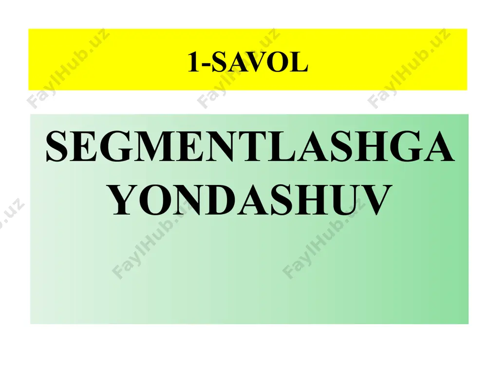 aktab o‘quvchilari uchun konstruktiv o‘yinchoqlar yoki o‘smirlar uchun texnologik o‘yinchoqlar ishlab chiqariladi. afzalliklar: bozorning keng qismini o‘z ichiga oladi va ko‘proq mijozlarni qamrab olish imkonini beradi. segmentlar aniq va o‘lchashi oson bo‘lgan mezonlarga asoslanadi, bu esa kompaniyalarga maqsadli marketingni osonlashtiradi. demografik segmentatsiya iste’molchilarni ularning demografik xususiyatlariga qarab bo‘lishni o‘z ichiga oladi. bu eng keng tarqalgan segmentatsiya usullaridan biri bo‘lib, mijozlarni yosh, jinsi, daromad darajasi, ta'lim darajasi kabi omillar asosida guruhlarga ajratadi. demografik mezonlar: yosh jins oilaviy holat daromad darajasi ta’lim darajasi kasb psixografik segmentatsiya psixografik mezonlar: qadriyatlar (masalan, ekologik toza mahsulotlarni tanlash) hayot tarzi (sportchi, sayohatchi, faol yoki passiv hayot tarzi) shaxsiyat turi (innovator, konservator, risk oluvchilar) qiziqishlar (musiqa, sport, texnologiyalar) psixografik segmentatsiya mijozlarni ularning shaxsiyati, qadriyatlari, qiziqishlari, hayot tarzi kabi omillar asosida bo‘lishni anglatadi. bu mezonlar mijozlarning ichki motivatsiyalari, hayotdagi qadriyatlari va xarakterlarini o‘rganishga qaratilgan. misol: ekologik toza mahsulotlar ishlab chiqaruvchi kompaniyalar ekologik masalalarga qiziqadigan yoki atrof-muhitni muhofaza qilishni …
