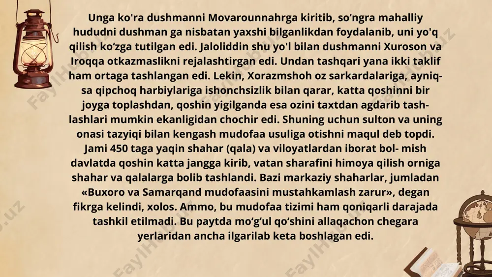 shida qoshin mogullarga zarba berishga muvaffaq boldi. keyin esa mogullarning qoli ustun kela boshlaydi. sarkardalardan inanchxon bazor amudaryodan otib qutulishga muvaffaq boldi, hamid pura qoraxitoy esa mardonavor tarzda jangda halok boldi, qolgan-qutgan harbiylar esa buxoroga qaytib chekinishga majbur boldilar. ahli buxoro oz himoyachilaridan ayrilgandan song, shahar ahlining jonini salomat saqlab qolish niyatida shaharliklar maslahatlashib, buxoro qozisi badriddin qozi boshchiligidagi bir gu- ruh oqsoqollarni chingizxon huzuriga yuboradilar. 1220-yili 10-fevral kuni mogullar buxoroga kirib keldilar. buxoroga kirib kelgan chingizxonning xatti-harakatlari xususida rashididdin shunday deb yozgan edi: «chingizxon otda masjidi jome oldiga kelib toxtadi va shaharning kazo-kazolarini oz huzuriga chaqirtirdi. mogullar shahar omborxonalarini ochib, gallalarni tashib oldilar. quron nusxalari saqlanadigan sandiqlarni otlarga oxur qildilar, masjidlarga meshlarda sharob keltirib joylab qoydilar, shahar hofizlari va oyinchilarini chorlab, raqsga tushirdilar. mogullar dolguliga keltirib oz ashulalarini aytar edilar. oqsuyaklar, ulamolar va shayxlar otboqarlar ornida otlarni qoriqlash uchun otxonalarda turar va osha qabila kelishlarini, amr-farmonla- rini bajo keltirish …