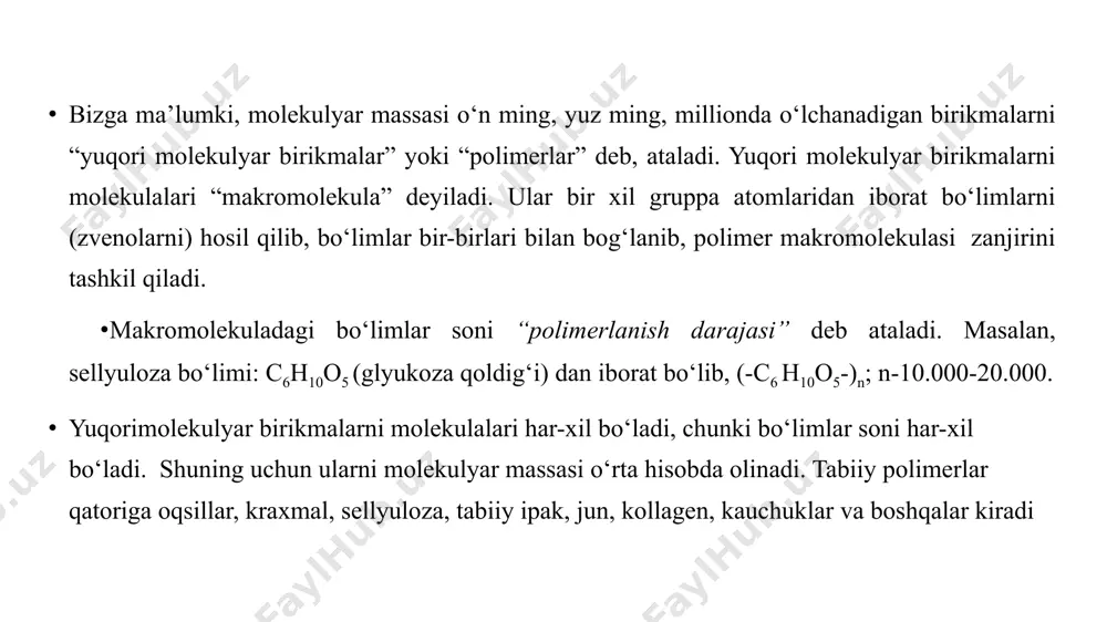 hohlab ketgan, to‘rsimon strukturali ham bo‘ladi. makromolekulalarni har xil ko‘rinishi “konformatsiya” deb ataladi. bir chiziqli polimerlar makromolekulalarini yaqin masofada bir-biriga parallel joylashgan zonalari “kristallitlar” ni hosil qiladi. polimer tarkibidagi kristallitlar miqdori “kristallanish darajasi” deyiladi. kristallanish darajasi past bo‘lgan amorf polimerlar haroratga nisbatan uch agregat holatda bo‘lishi mumkin: shishasimon, yuqorielastik va qovushqoq-oquvchan holatlarda. shishasimon holatlarda molekulalararo tortishish kuchlari yuqori bo‘lib, polimer mustahkam bo‘ladi, haroratni pasaytirsa mo‘rt bo‘ladi, qizdirganda esa yuqori elastik holatga keladi. harorat yanada ko‘tarilsa, polimer suyuqlashib oqadi. bu harorat polimerlarning “oqish harorati” deyiladi. elastik holatdan shishasimon holatga qaytish harorati “shishalanish harorati” deyiladi. polimerlar termoplastik va termoreaktiv turlariga ajratiladi. termoplastik polimerlar qizdirilganda yumshab plastik holatga kelib, sovutilganda yana qotib o‘z xususiyatini saqlab qoladi. termoreaktiv polimerlar tarkibidagi kimyoviy aktiv guruhlari hisobiga qizdirilganda yumshab plastik holatiga kelib, makromolekulalari o‘zaro bog‘lanib uchlamchi struktura hosil qiladi va qayta yumshamaydi, erimaydi. ular olinish usuli bo‘yicha polimerlangan va polikondensatlangan polimerlarga ajratiladi. ikkisi ham ma’lum sharoitlarda bir-biri …