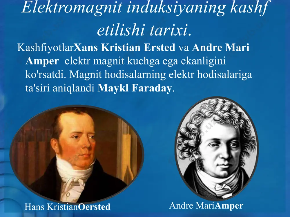 ektr tokini konvertatsiya qilish. savollar elektromagnit induksiya qonunini tuzing. ushbu qonunning asoschisi kim? induktsiya tok nima va uning yo'nalishini qanday aniqlash mumkin? induktsiyalangan emfning kattaligini nima aniqlaydi? qaysi elektr qurilmalarning ishlash printsipi elektromagnit induksiya qonuniga asoslanadi? image3.png image4.png image5.png image6.png image7.png image8.png image9.png image10.png image11.png image12.png image13.png image14.png image15.jpeg image16.png image17.png image1.jpeg image2.jpeg