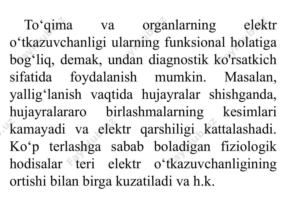 analar buzilgan bo‘lib, “tirik kondensator” va to‘qima faqat om qarshilikka ega bo‘ladi. tok va kuchlanish orasidagi fazalar siljish burchagi to‘qimaning sig‘im xossalari haqida ham ma’lumot berishi mumkin. organizm to‘qimalarining impedansi ularning fiziologik holatiga ko‘ra ham aniqlanadi. jumladan, tomir qonga to‘lganda impedans yurak-tomir faoliyatiga ko‘ra o‘zgaradi. yurak faoliyati jarayonida to‘qimalar impedansi o‘zgarishini qayd qilishga asoslangan diagnostika uslubi reografiya (impedans-pletizmografiya) deyiladi. e’tiboringiz uchun raxmat!