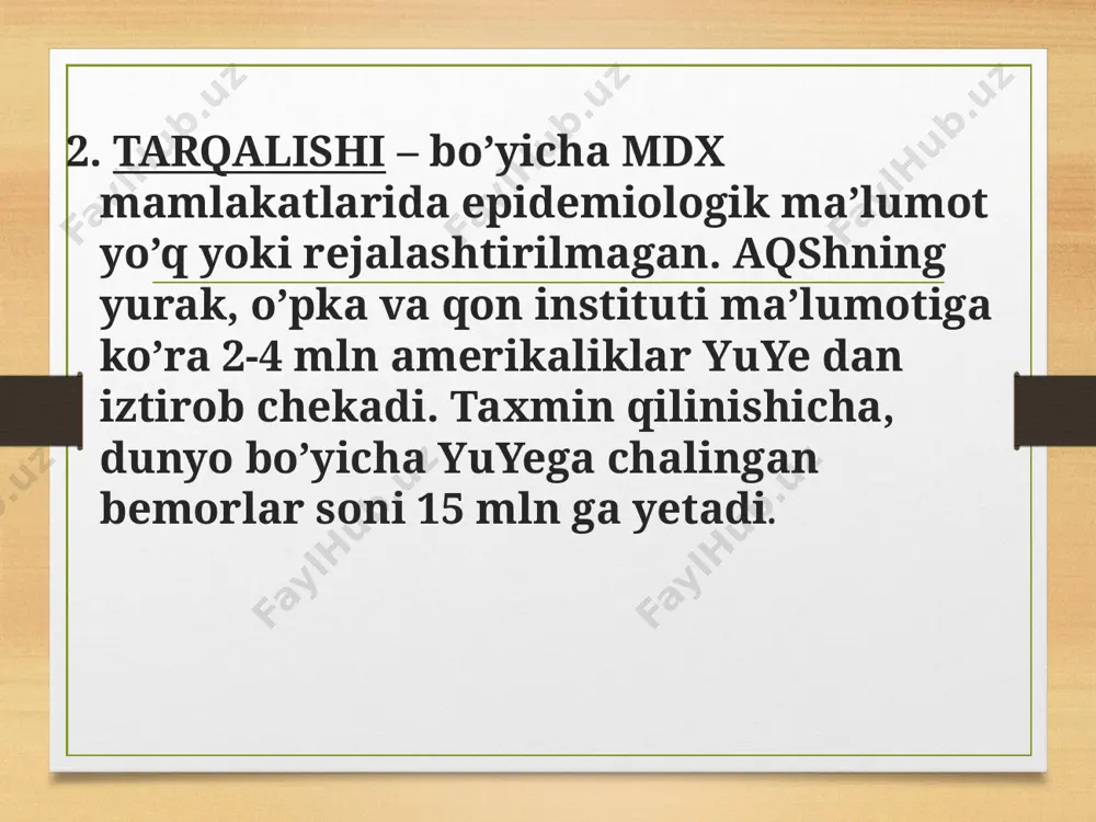 st ekspertlar komitetlari tavsiya qilingan yuyening funksional klassifikasiyasidan foydalaniladi. u yuyening klinik belgilarini fizik yuklama hajmi bilan solishtirish (qiyoslash) orqali yuzaga kelishiga asoslangan. turli guruh pasientlarining yoki biror kasalni dinamikada, hamda davo o’tkazilganda qiyoslash uchun qulaylik beradi. bunda bemorning xolati funksional sinf (klass)larga bo’linadi total yurak yetishmovchiligi hp (h) surunkali yurak yetishmovchiligi o`tkir yurak yetishmovchiligi