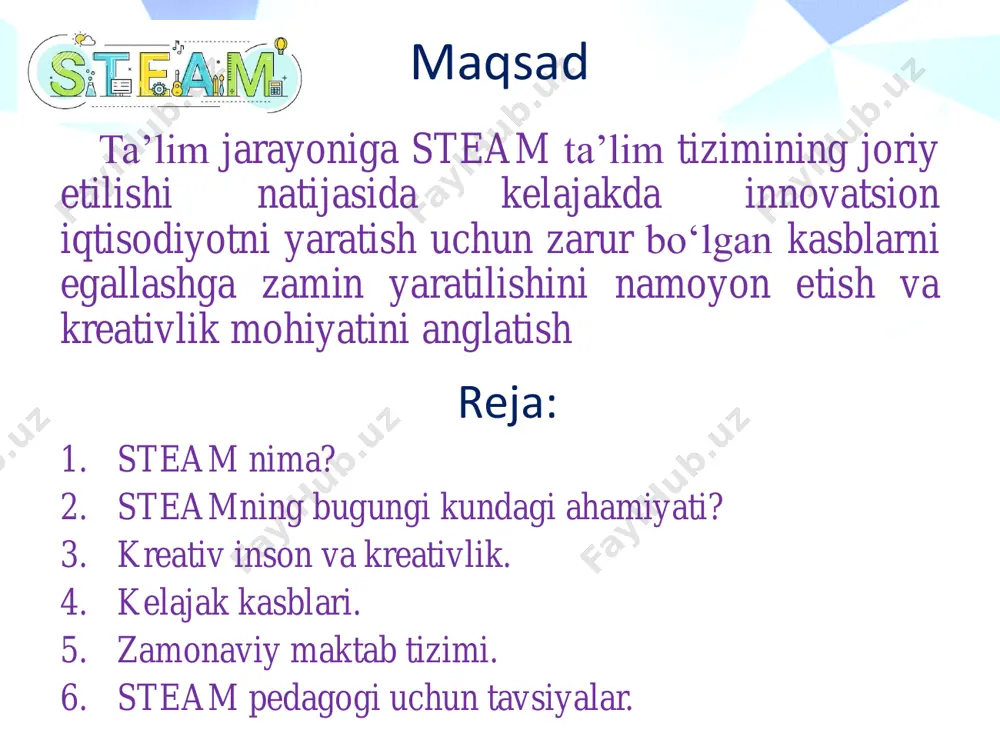 tlari bo‘yicha verstalshik  injener, arxitektor  marketolog (reklamachi)  fotograf, illyustrator  dasturchi (it)  autsorser, konsultant, kouch (biznes trener) steam metodlari 01 02 03 04 pedagogik metodlar majmui fanlararo aloqa loyihaviy faoliyat tadqiqotchilik faoliyati steam - dars 01 02 03 04 maktab, ota-ona, o‘quvchlarning turli shakldagi faoliyati (intellektiga ko‘ra) hamda turli fanlarni birlashtiruvchi dars loyiha (sinfda/sinfdan tashqari, fan/fanlararo, qisqa/davomli tadqiqotli dars (gipoteza, tajriba-sinov, dalil, argument, xulosa, natijalarni qayd etish tashxis- kuzatuv- natijalarni sharhlash loyiha metodi: karlos espinoza tajribasidan salom, mening ismim karlos espinoza. mening boshlang‘ich sinfimda 25 nafar o‘quvchi bor. menga loyihalar bilan ishlash yoqadi, bu o‘quvchilarimga o‘zaro, biralikda ishlashni o‘rgatadi. lekin mening texnik jihatdan imkoniyatlarim chegaralangan. sinfimda bitta kompyuter mavjud, akt xonasidan esa haftada bir marta foydalanishim mumkin. shu sababli o‘quvchilarga suvni o‘rganish bilan bog‘liq loyihalarini muvaffaqiyatli yakunlashlari uchun o‘quv markazlaridan foydalanishga yo‘naltirishga qaror qildim. o‘quvchilarni 5 ta guruhga bo‘ldim va o‘quv dasturi 5 yo‘nalishga taqsimladim. har …