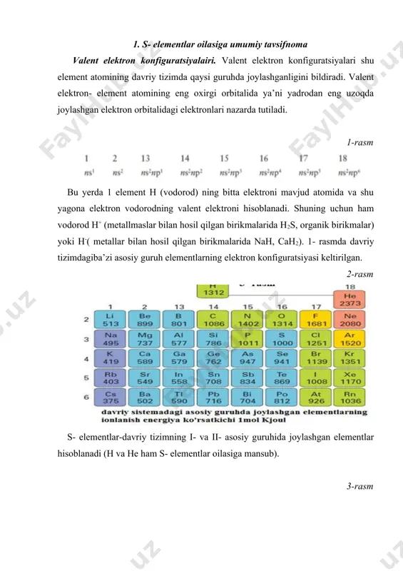 dan chapga: atom radiusi, metallik xossalari, qaytaruvchilik xususiyatlari, spin kvant soni kamayadi, nem, ionlanish energiyasi, elektronga moyillik, metallmaslik xossalari, oksidlovchilik xossalari, tashqi pog’anasidagi valent elektronlar soni, yadro zaryadi ortadi. bosh, orbital va magnit kvant sonlari o’zgarmaydi. d. s- elementlar oilasida guruhda yuqoridan pastga qarab: bosh kvant soni atom radiusi, metallik xossalari, yadro zaryadi, qaytaruvchilik xususiyatlari ortadi, nem, ionlanish energiyasi, elektronga moyillik, metallmaslik xossalari, oksidlovchilik xossalari kamayadi, orbital, magnit, spin kvant sonlari tashqi pog’anasidagi valent elektronlar soni o’zgarmaydi. 2. vodorodni tabiatda tarqalishi, olinishi va kimyoviy xossalari vodorodni (hudrogenium) xvi asrda paratsels (germaniya) kashf etgan. 1776 yilda g. kavendish (angliya) vodorodning xossalarini aniqladi va boshqa gazlardan qanday farqi borligini ko’rsatdi. lavuazye 1783 yilda vodorodni suvdan birinchi bo’lib ajratib oldi va suvning vodorod bilan kisloroddan iborat kimyoviy birikma ekanligini isbot etdi. vodorod tabiatda erkin va birikma holida uchraydi. erkin holda juda oz miqdorda uchraydi. u yengil gaz bo’lgani uchun havoning yuqori qatlamlarida bo’ladi. …