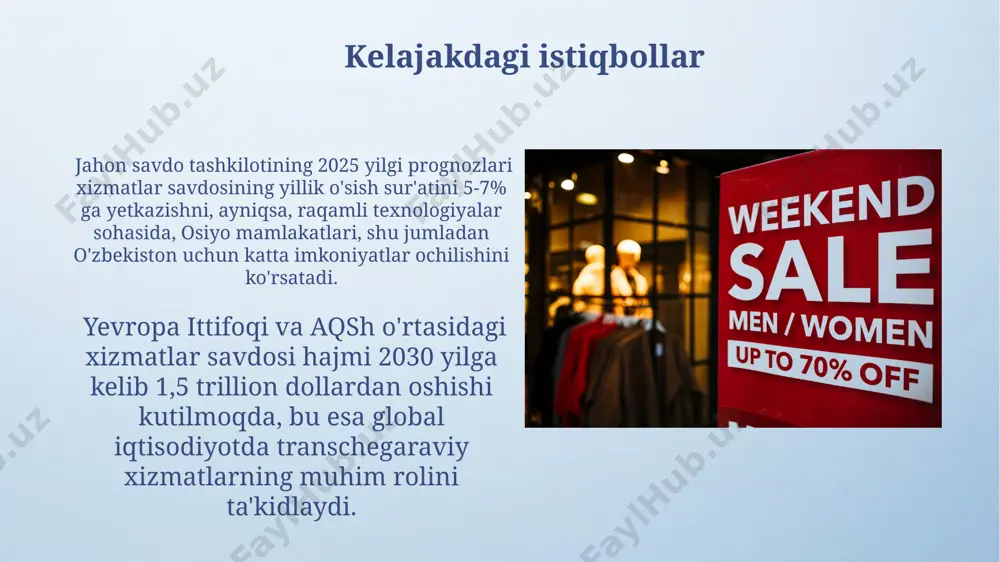 -yilda xizmatlar savdosida jahon bozori hajmi 6 trillion aqsh dollaridan oshdi, bu esa osiyo-tinch okeani mintaqasi davlatlari orasida kuchli raqobatni keltirib chiqardi. aqshning moliyaviy xizmatlar sohasida 30% dan ortiq bo'lgan ulushi, hindistonning it-xizmatlari sohasidagi tez o'sishi global raqobat muhitini yanada murakkablashtiradi. e'tiboringiz uchun rahmat @taqdimot_robot image4.png image5.jpg image6.jpg image7.jpg image8.jpg image9.jpg image10.jpg image11.jpg image12.jpg image13.jpg image14.jpg image15.jpg image16.jpg image17.jpg image18.jpg image3.jpeg