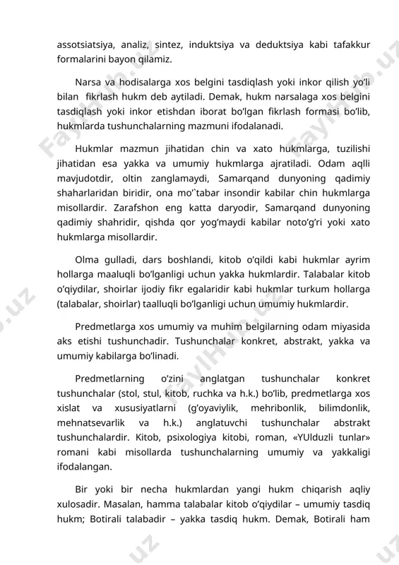 egalaridir kabi hukmlar turkum hollarga (talabalar, shoirlar) taalluqli bo’lganligi uchun umumiy hukmlardir. predmetlarga xos umumiy va muhim belgilarning odam miyasida aks etishi tushunchadir. tushunchalar konkret, abstrakt, yakka va umumiy kabilarga bo’linadi. predmetlarning o’zini anglatgan tushunchalar konkret tushunchalar (stol, stul, kitob, ruchka va h.k.) bo’lib, predmetlarga xos xislat va xususiyatlarni (g’oyaviylik, mehribonlik, bilimdonlik, mehnatsevarlik va h.k.) anglatuvchi tushunchalar abstrakt tushunchalardir. kitob, psixologiya kitobi, roman, «yulduzli tunlar» romani kabi misollarda tushunchalarning umumiy va yakkaligi ifodalangan. bir yoki bir necha hukmlardan yangi hukm chiqarish aqliy xulosadir. masalan, hamma talabalar kitob o’qiydilar – umumiy tasdiq hukm; botirali talabadir – yakka tasdiq hukm. demak, botirali ham kitob o’qiydi – aqliy xulosa. aqliy xulosa chiqarishning induktiv va deduktiv yo’llari bor. bir qancha ayrim hukmlardan umumiy xulosa chiqarish induktsiya yo’li bilan xulosa chiqarish deb aytiladi. masalan, adabiyotni bilish odam uchun foydalidir, tarixni bilish odam uchun foydalidir, matematikani bilish odam uchun foydalidir. demak, hamma fanlarni bilish odam uchun …