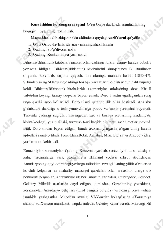 lib mouru va baxdi oraligidagi nisayani... yaratdim». ko`rinib turibdiki, mazkur manba yaratilgan davrda tilga olingan «makon va mamlakatlar» haqiqatan ham bir makon, aniqrog’i, katta bir viloyat sifatida shakllanib bo`lgan va mahlum bir asoslardagi chegaralari ham bo`lgan. bu jarayon bir zumda sodir bo`lmagani ham tabiiy. boshqacha qilib aytganda, to nomlari «avesto» sahifalarida zikr etilgunga qadar ular hech bo`lmaganda iqtisodiy-geografik makon sifatida uzoq muddat davomida shakllanib borgan. mazkur jarayon mintaqadagi amudaryo, zarafshon, atrek, my’g’o6, tajan (xarirud), qunduz kabi daryolar vohalarida kechgan. shunga kura miloddan avvalgi 1-ming yillik boshlaridayok o`lkada xorazm, baktriya, ariya (ariana), parfiya, girkaniya, marg’iyona hamda fargona kabi viloyatlar mavjud bo`lgan. to ahamoniylar bosqiniga qadar (miloddan avvalgi vi asr) o`lka asosiy qismini birlashtirib turuvchi siyosiy omil, markaz xorazm hisoblangan. afsuski, bu davrda xorazmda xukmronlik qilgan sulolalar to`g’risida biz bir nima deya olmaymiz. ammo rivoyat va afsonalarga ko`ra, xorazmning eng kadimiy siyosiy sulolalari sifatida siyovushiylar tilga olinadi.[footnoteref:3] [3: гафуров б. г., кушанская …