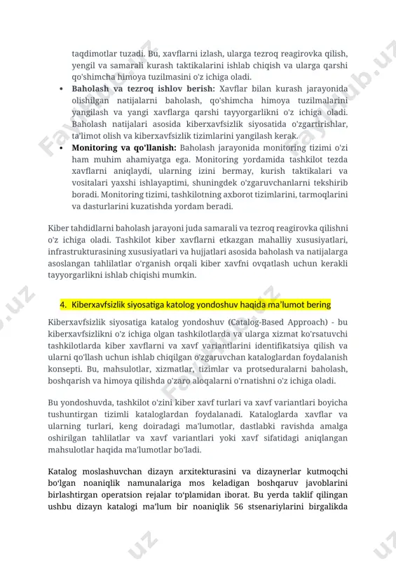 m beradi. · kiber xavflarni aniqlovchi va izlaydigan tizimlar: kiberxavfsizlik tizimlari, tarmoqda yuzaga kelgan kiber xavflarni tezroq aniqlash va ularni izlash uchun mo'ljallangan texnologiyalardan foydalanadi. bu texnologiyalar, ma'lumotlar bazasi tizimlari, ma'lumotlar tahlil qilish va heuristik qurilmalar, aniqlovchi va izlaydigan yondashuvlardan tashkil topgan xavflarni tan olish uchun xizmat qiladi. · xavflarni baholash: kiber xavflarni, ularning kuchini va ta'sirini aniqlovchi, ba'zi holatlarda tahlil qilish, boshqa holatlarda esa tahminlash va baholashda xavf ko'rsatish bilan tizimni baholash uchun yo'nalish beringan ko'rsatgichlarni ishlab chiqish. baholashda tezroq va aniq javob berish, xavflarni urgutish, va xavf variantlari tushuntirish kabi faktorlar hisobga olinadi. · xavflar bilan kurash uchun taqdimot: kiber xavflarni aniqlanganing keyingi bosqichda, tashkilot ular bilan kurashni amalga oshirish uchun taqdimotlar tuzadi. bu, xavflarni izlash, ularga tezroq reagirovka qilish, yengil va samarali kurash taktikalarini ishlab chiqish va ularga qarshi qo'shimcha himoya tuzilmasini o'z ichiga oladi. · baholash va tezroq ishlov berish: xavflar bilan kurash jarayonida olishilgan natijalarni …